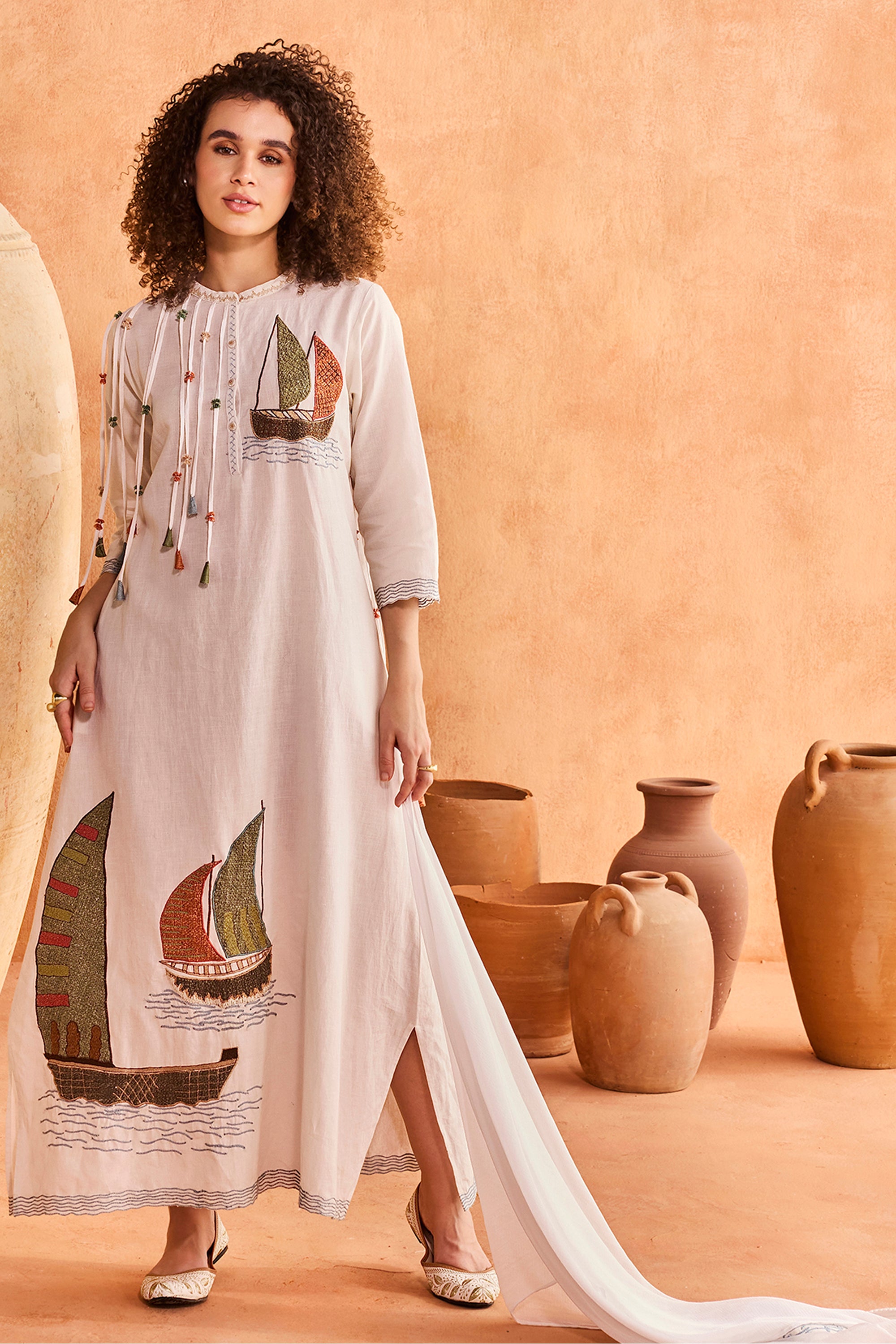 Dhakira Embroidered Jalabiya with Patch Work & Tassels