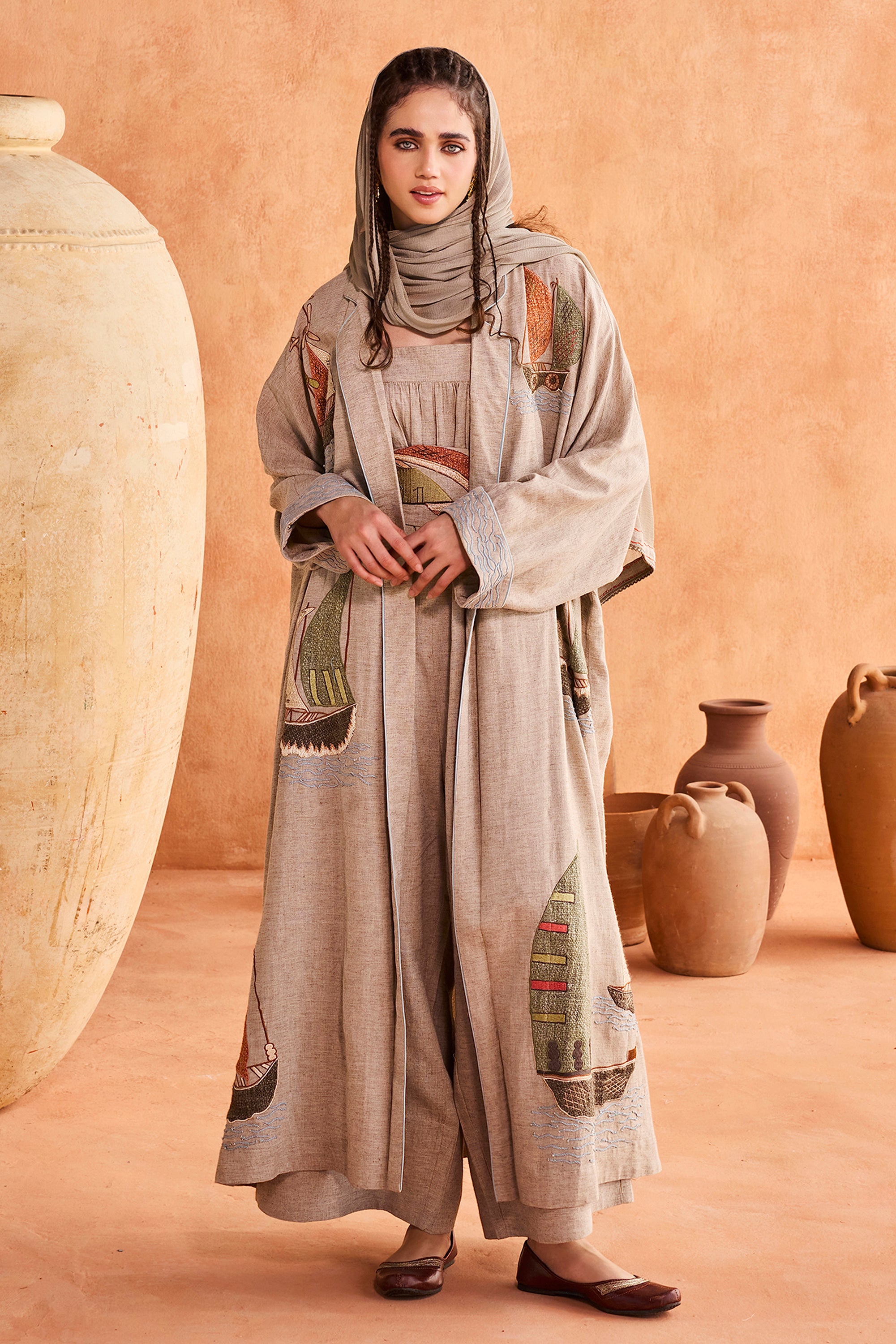 Tharaa Embroidered Abaya with Patch Work