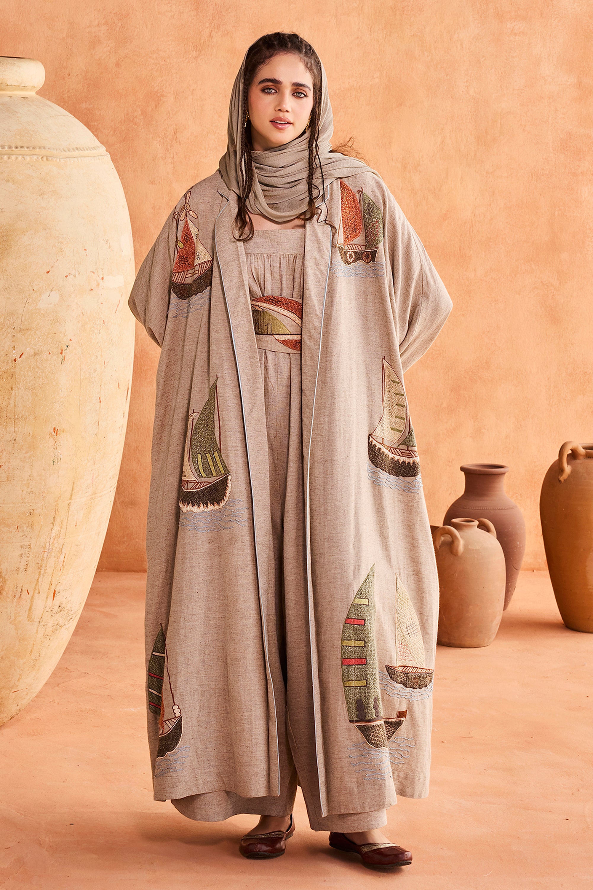 Tharaa Embroidered Abaya with Patch Work