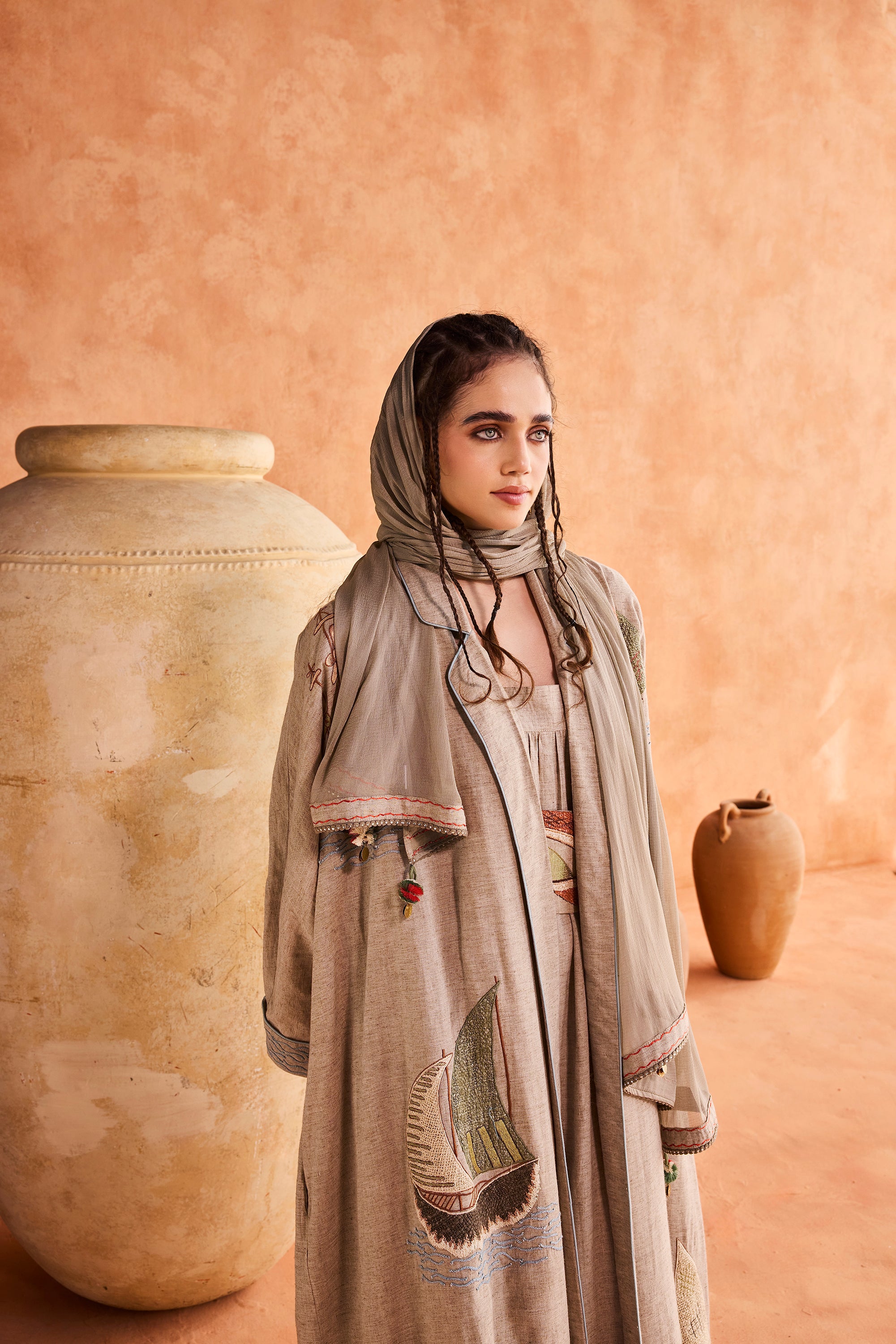 Tharaa Embroidered Abaya with Patch Work