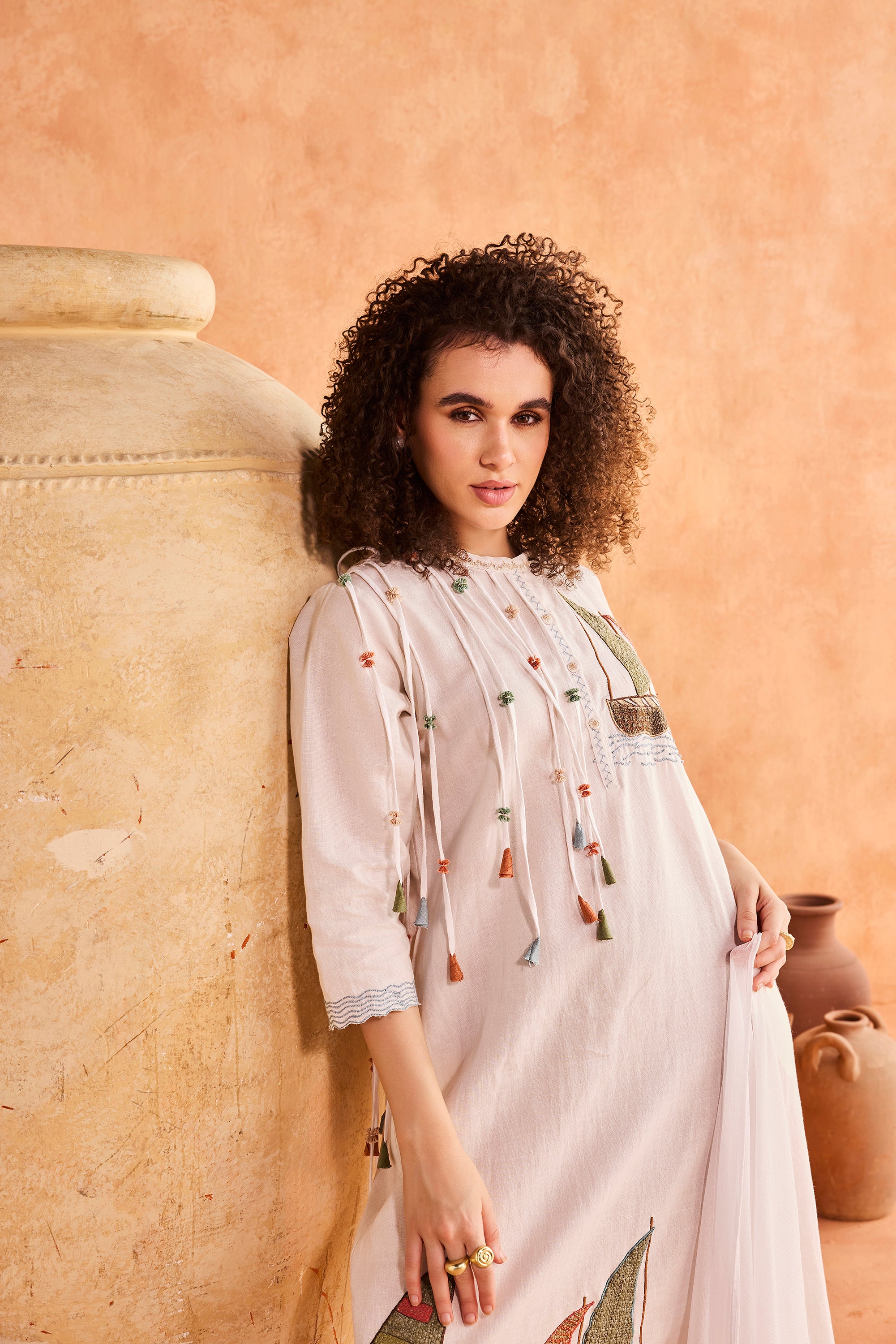 Dhakira Embroidered Jalabiya with Patch Work & Tassels