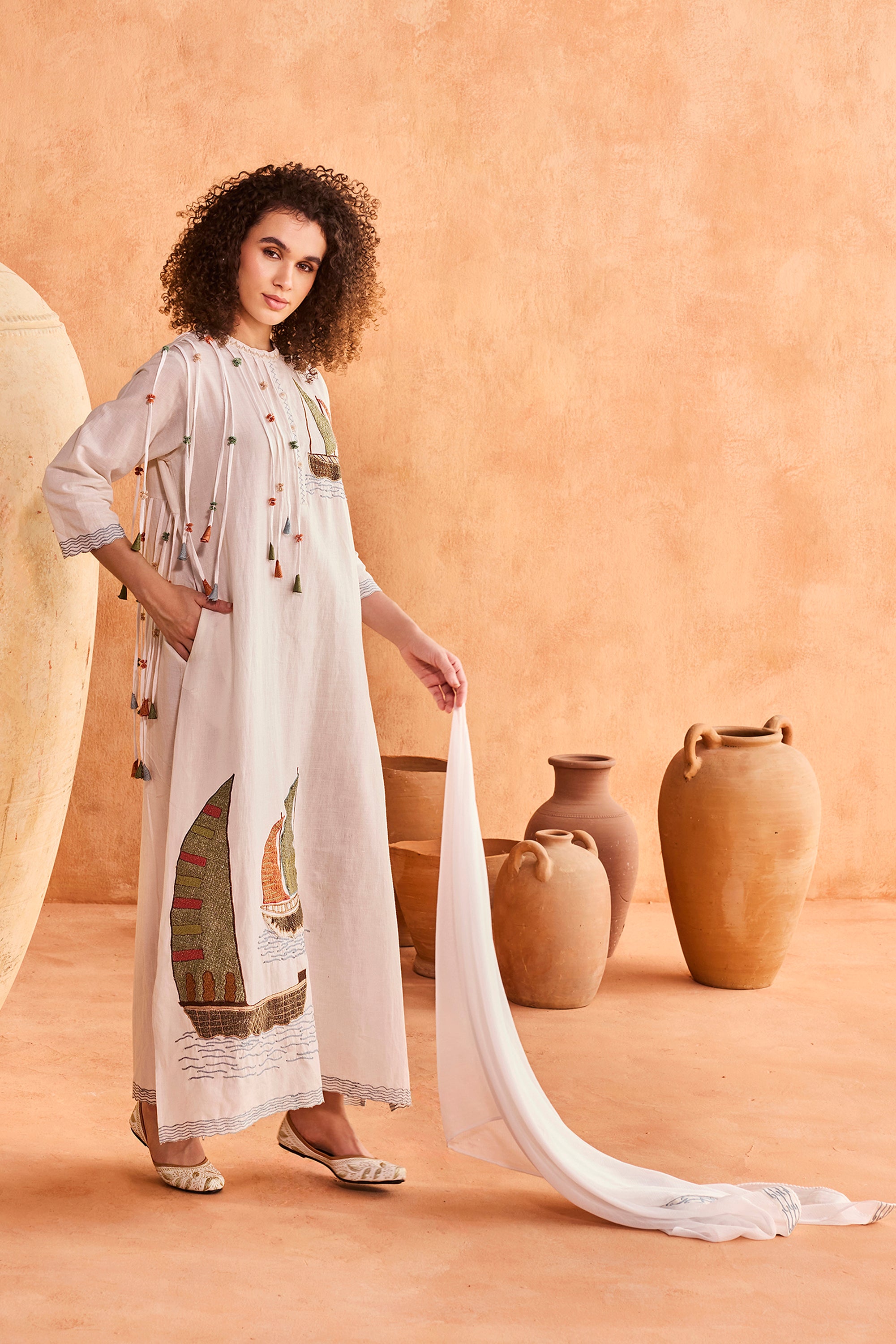 Dhakira Embroidered Jalabiya with Patch Work & Tassels