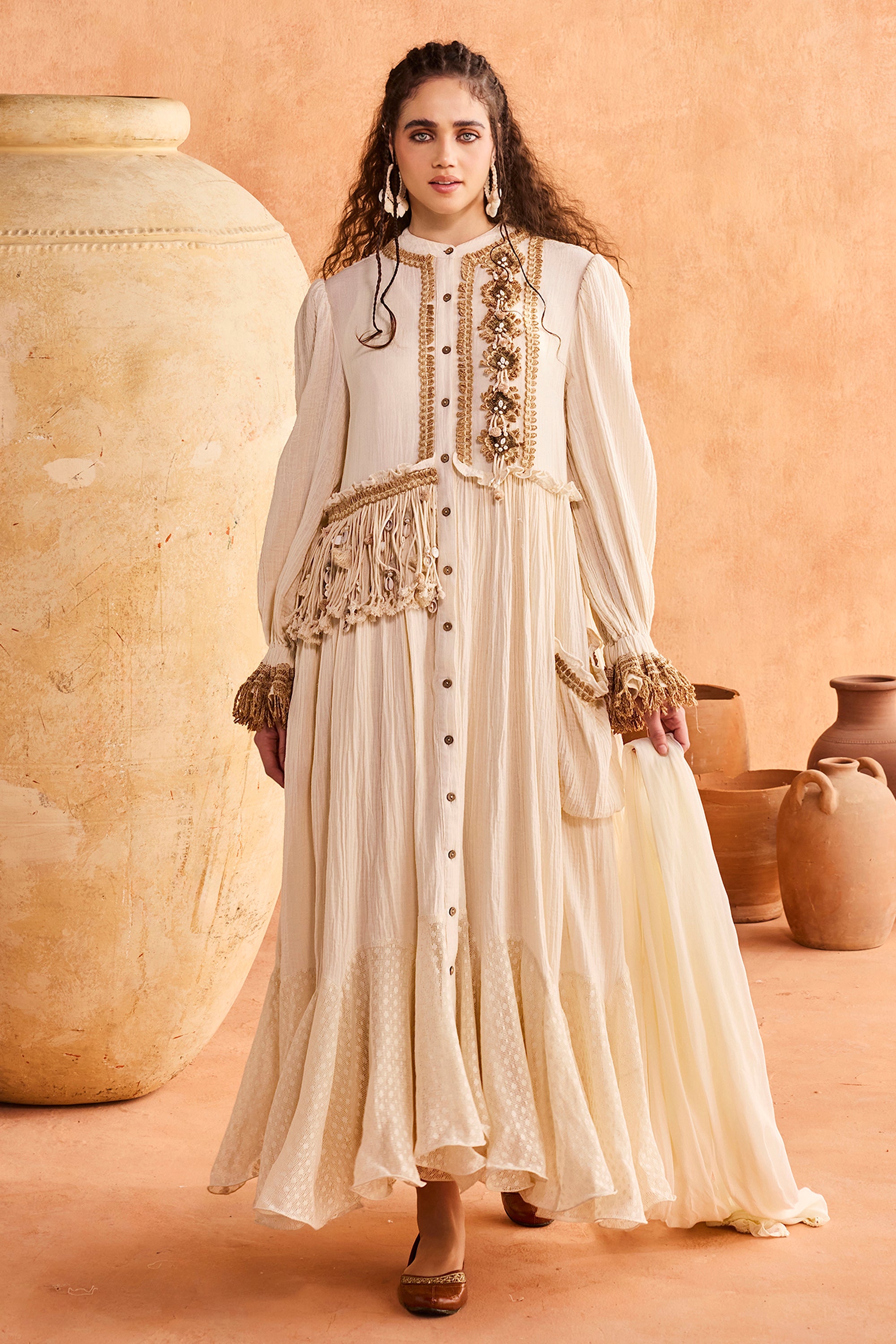 Shurooq Jalabiya with Tassels & Jute Lace