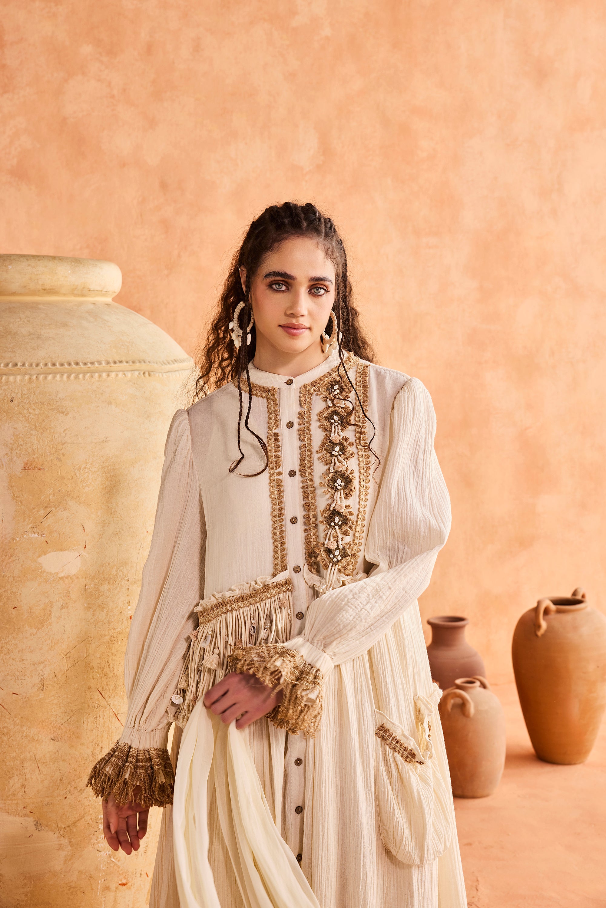 Shurooq Jalabiya with Tassels & Jute Lace