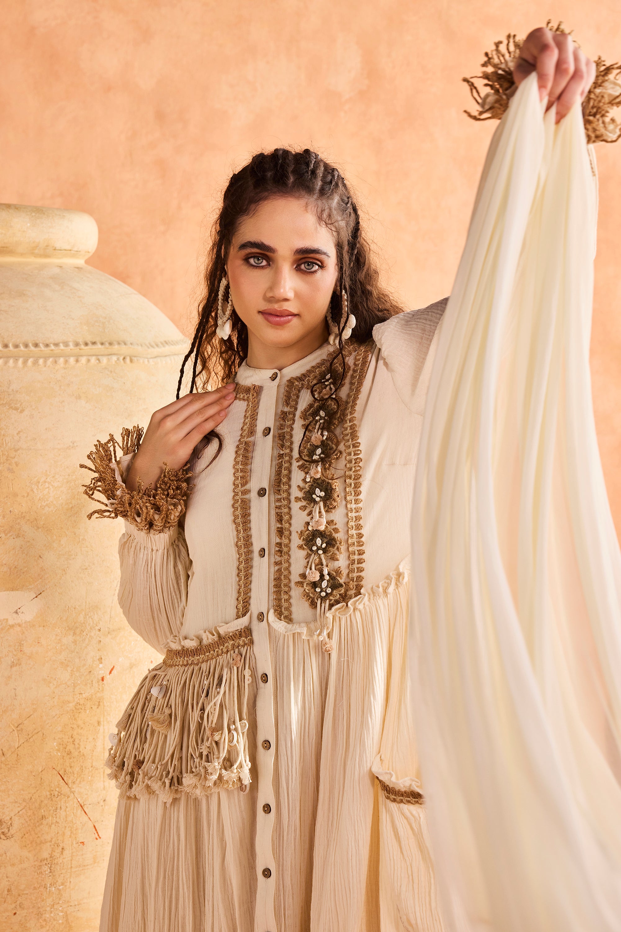 Shurooq Jalabiya with Tassels & Jute Lace