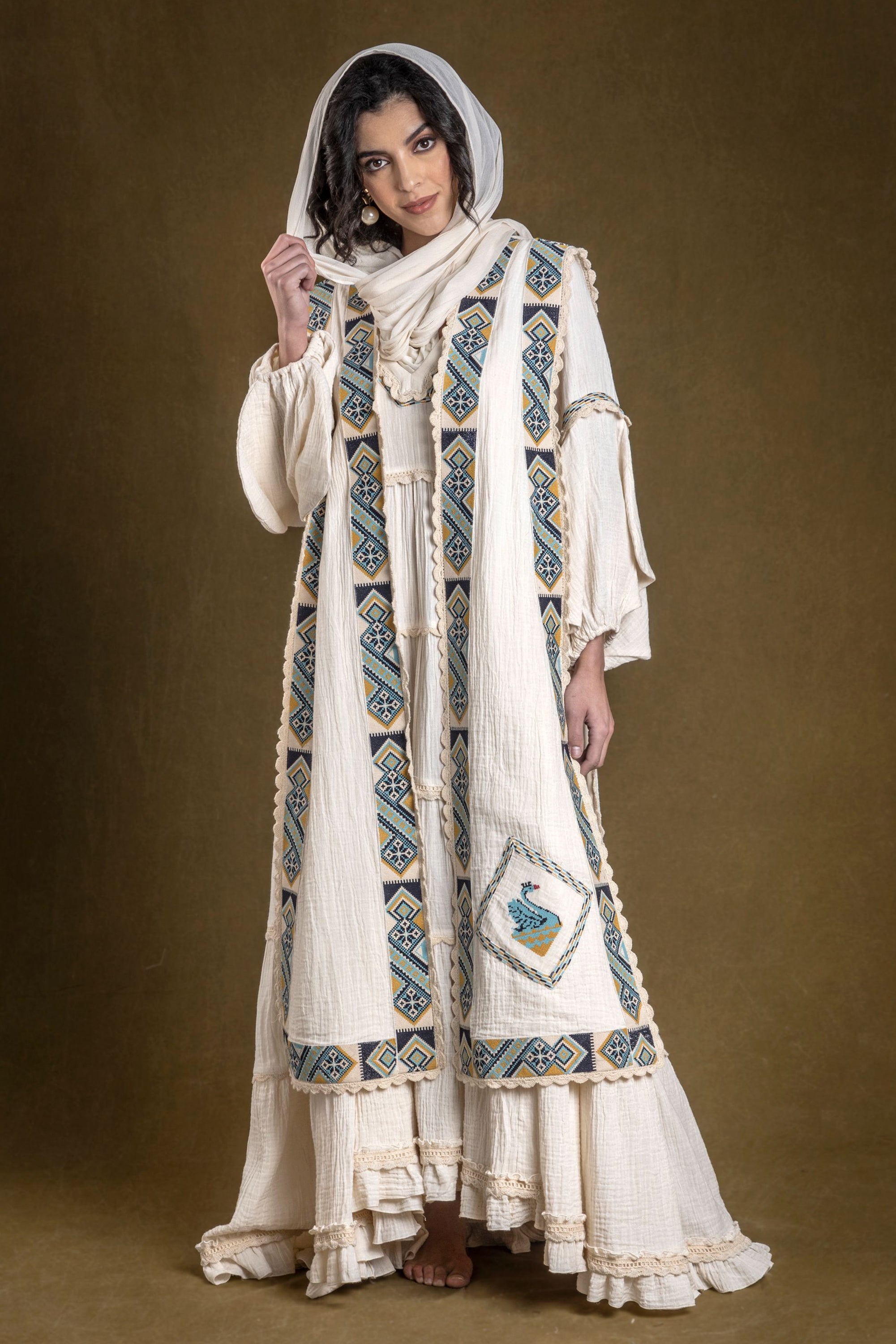 Mashal Long Embroidered Tiered Jalabiya with Dusala Cape