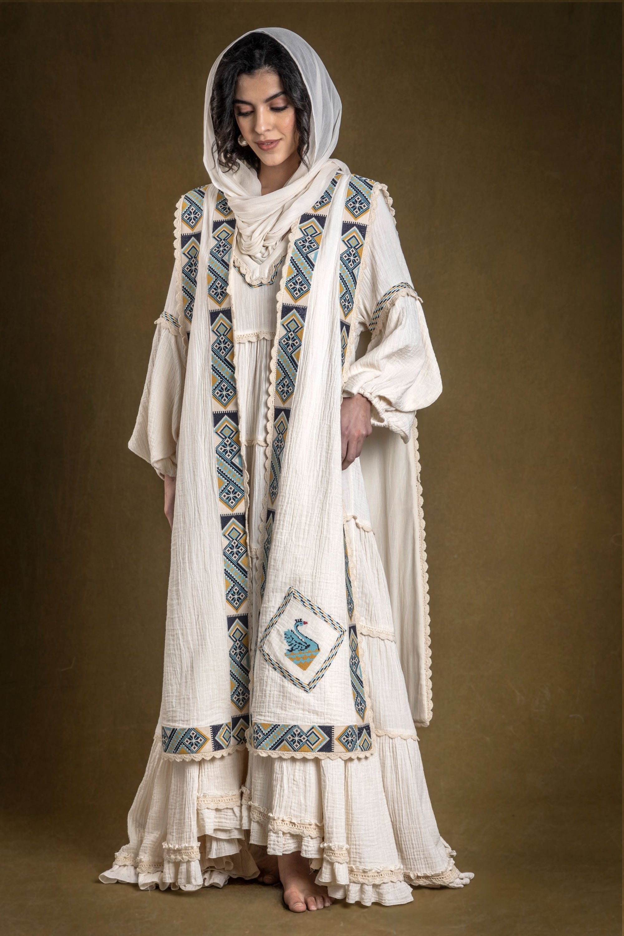 Mashal Long Embroidered Tiered Jalabiya with Dusala Cape