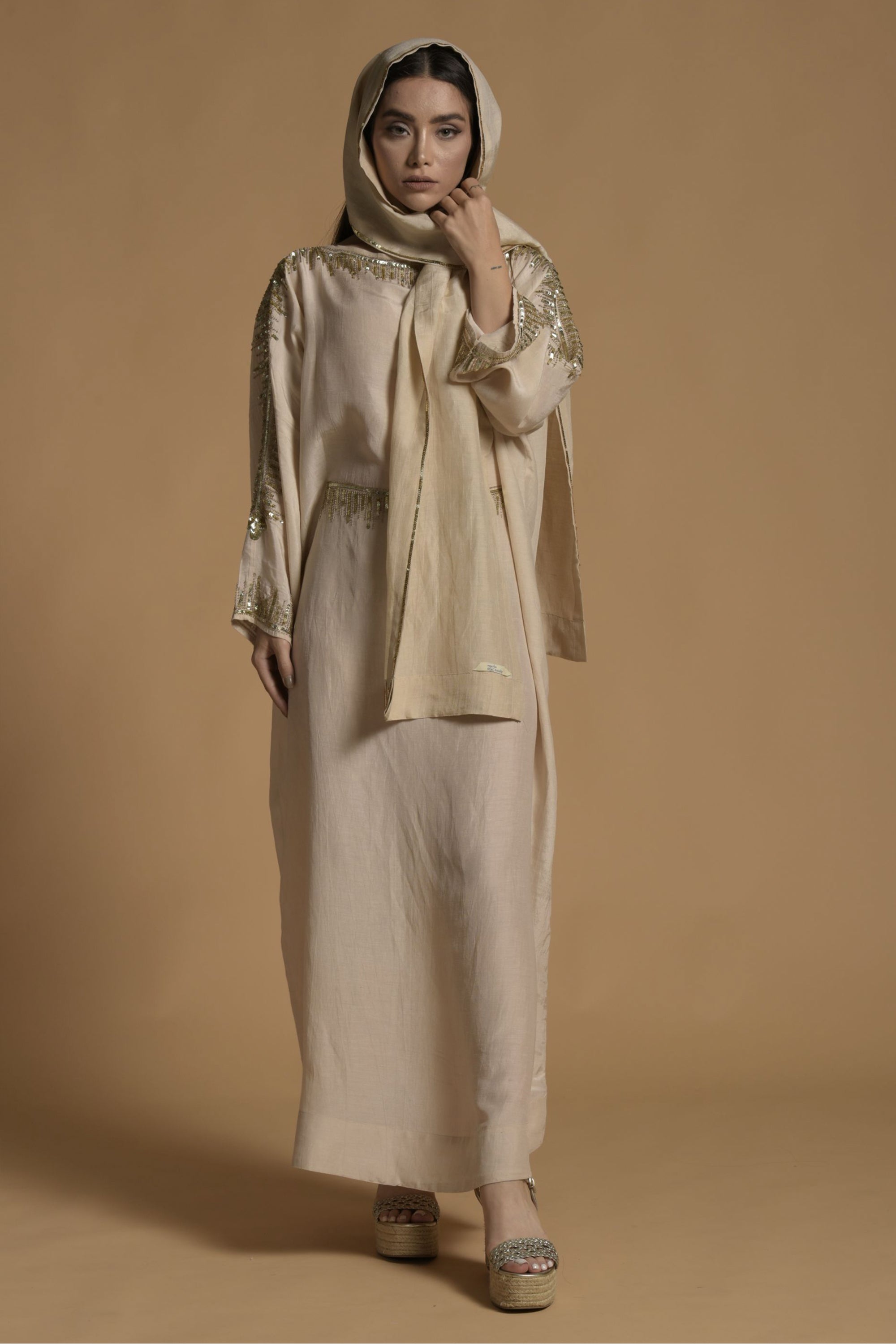 Sakina Embellished Long Jalabiya with Inner Cotton Cami & Scarf