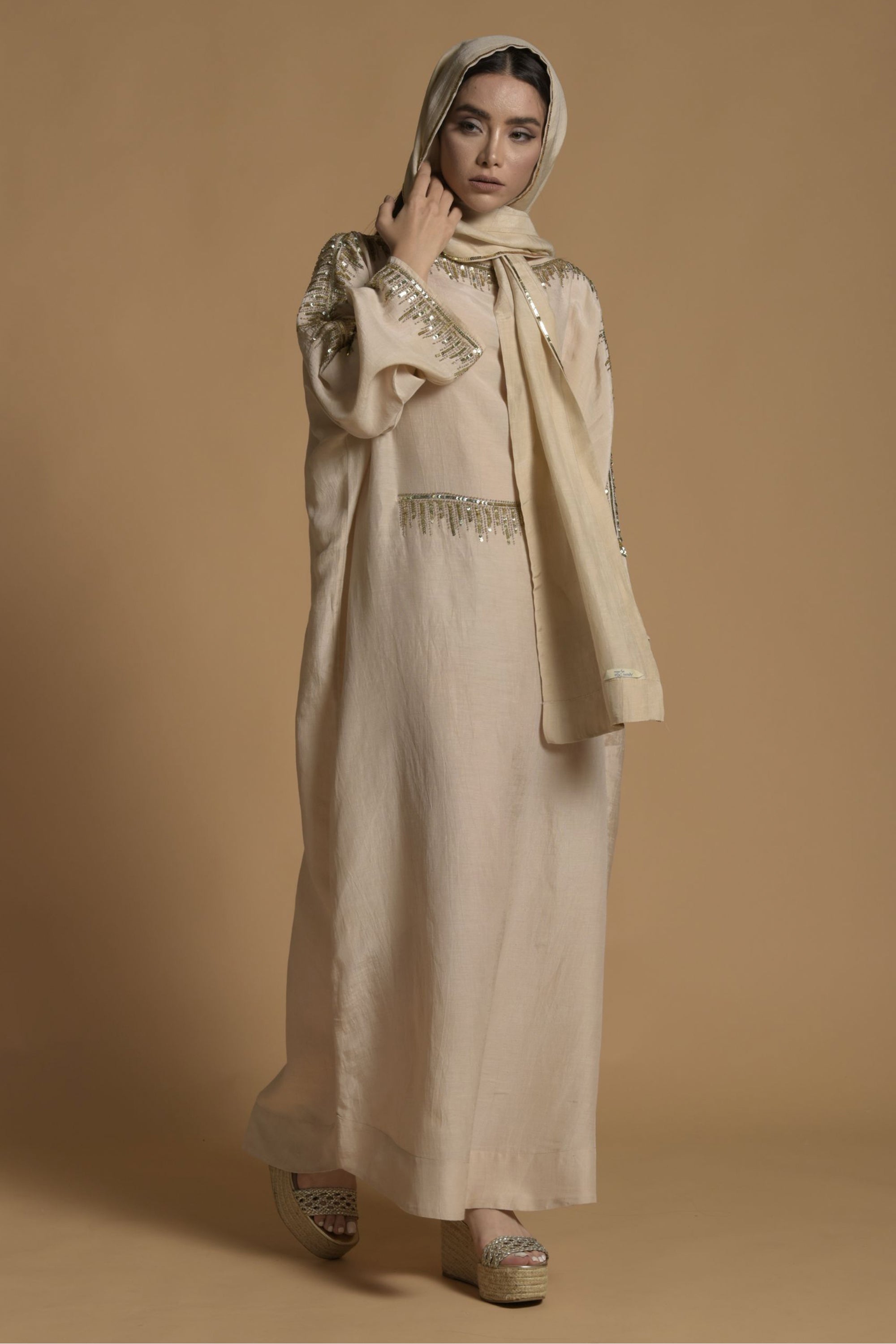 Sakina Embellished Long Jalabiya with Inner Cotton Cami & Scarf