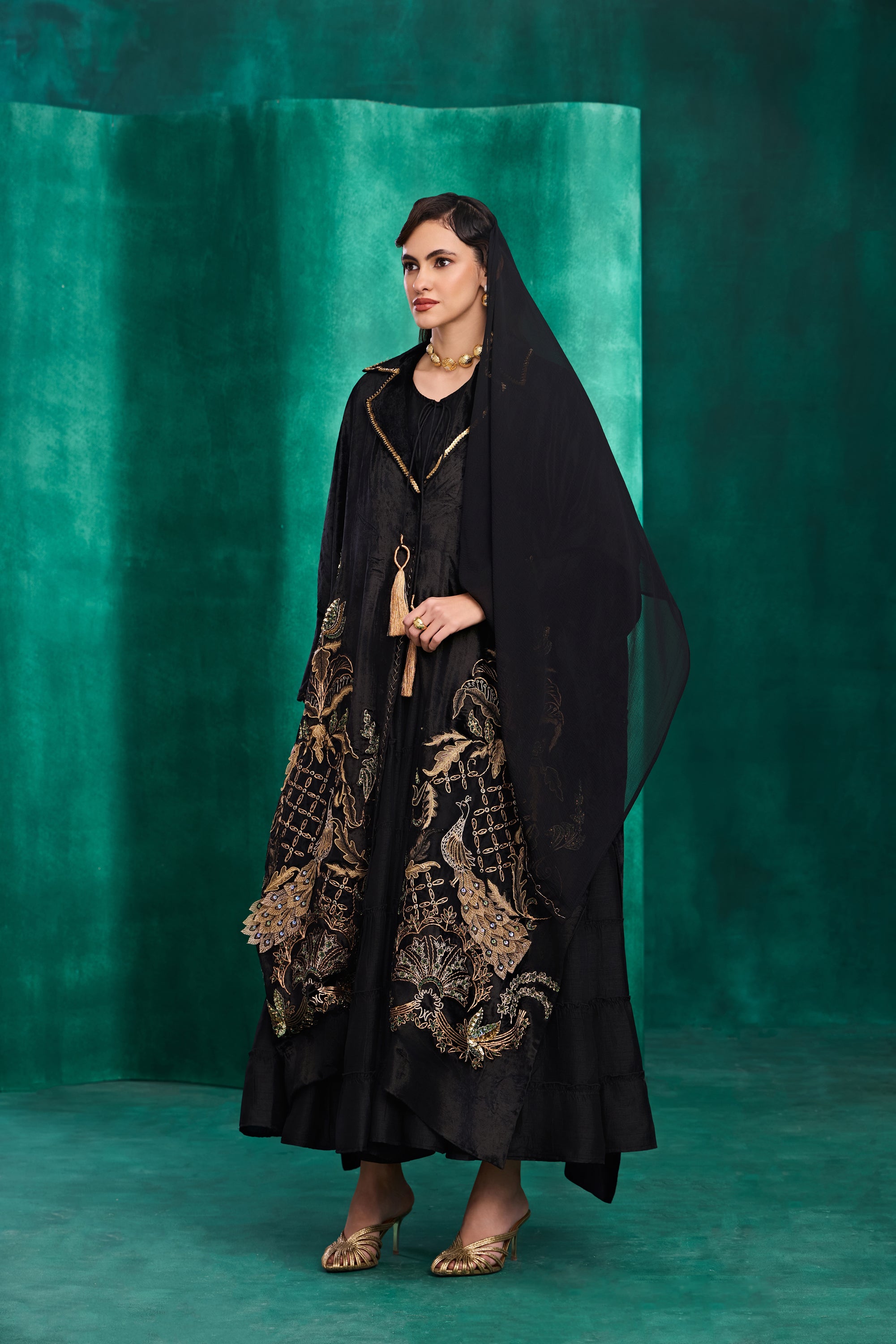 Izdina Embroidered Long Cape with Embellishment