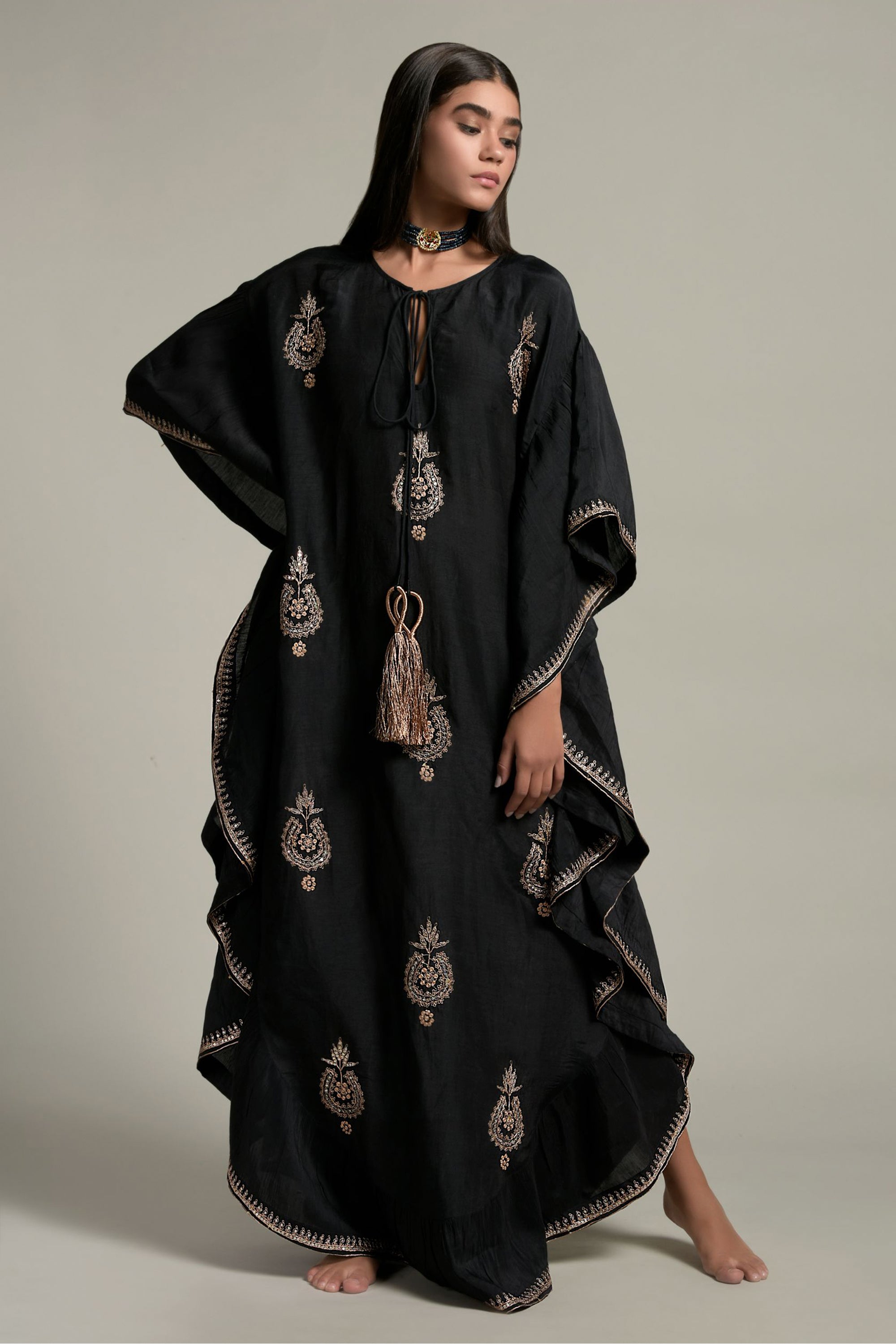 Sayra Embellished & Embroidered Jalabiya With Inner Cotton Cami