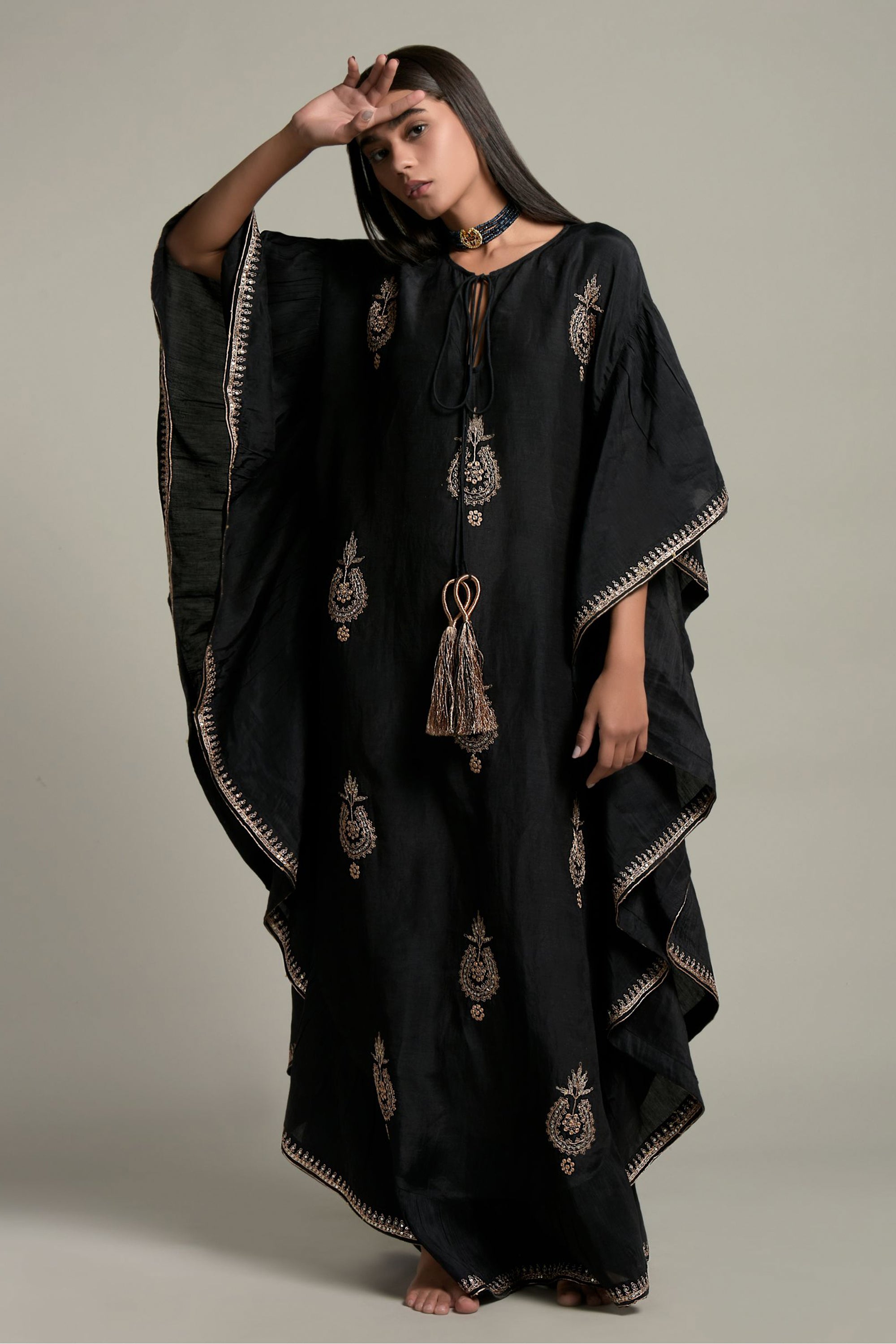 Sayra Embellished & Embroidered Jalabiya With Inner Cotton Cami