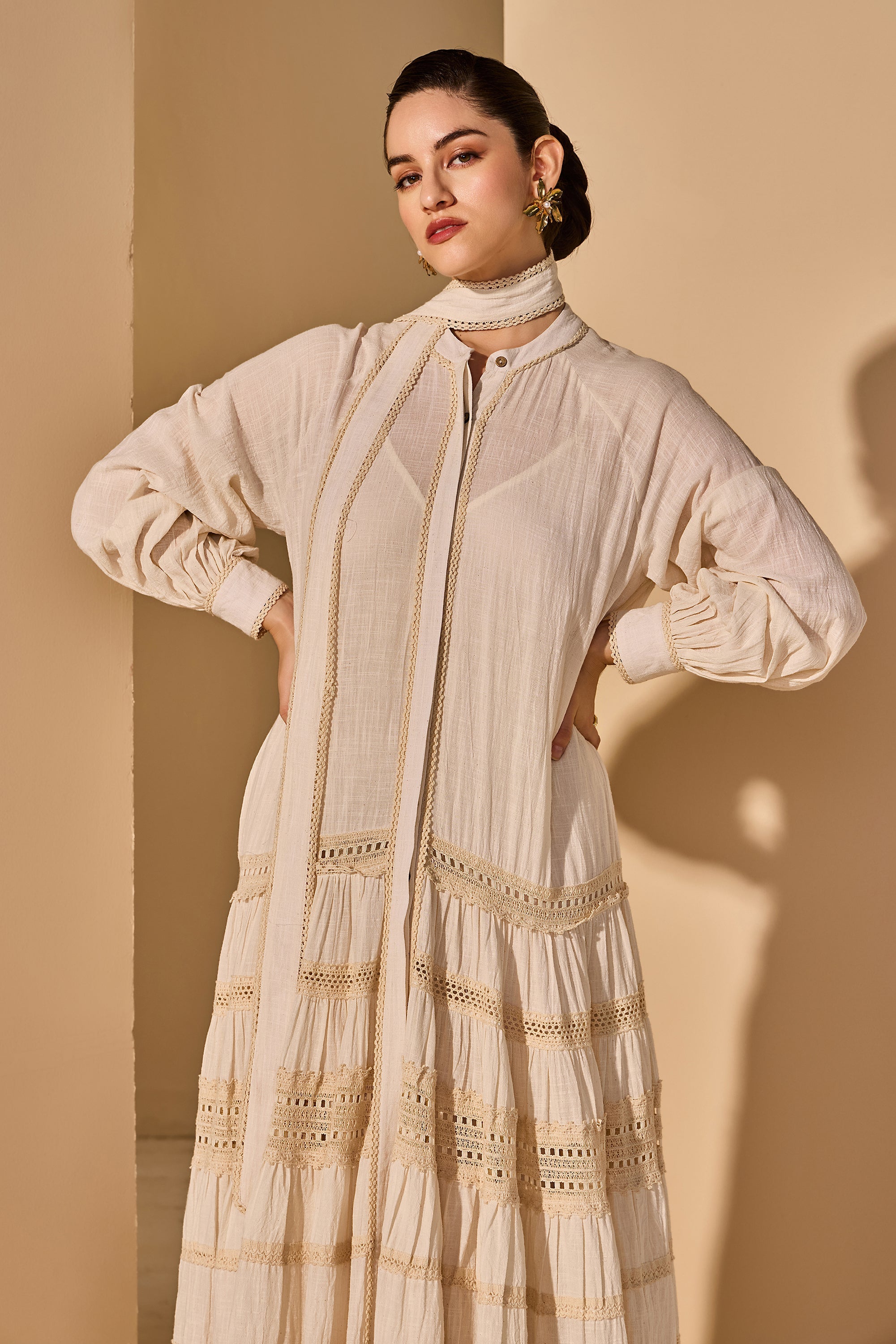 Rashida Cotton Slub Tiered Jalabiya with Belt