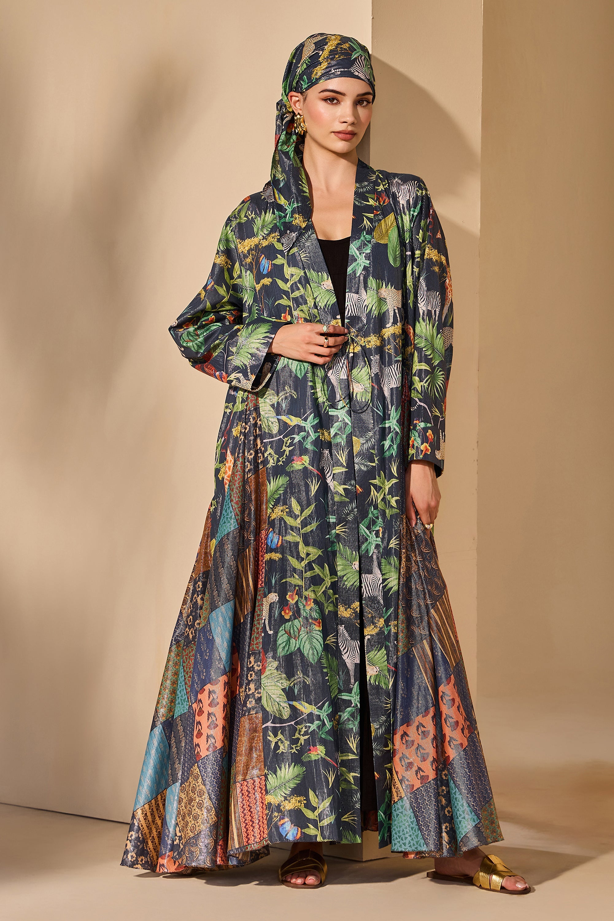 Muneeba Cotton Printed Flared Bisht with Scarf