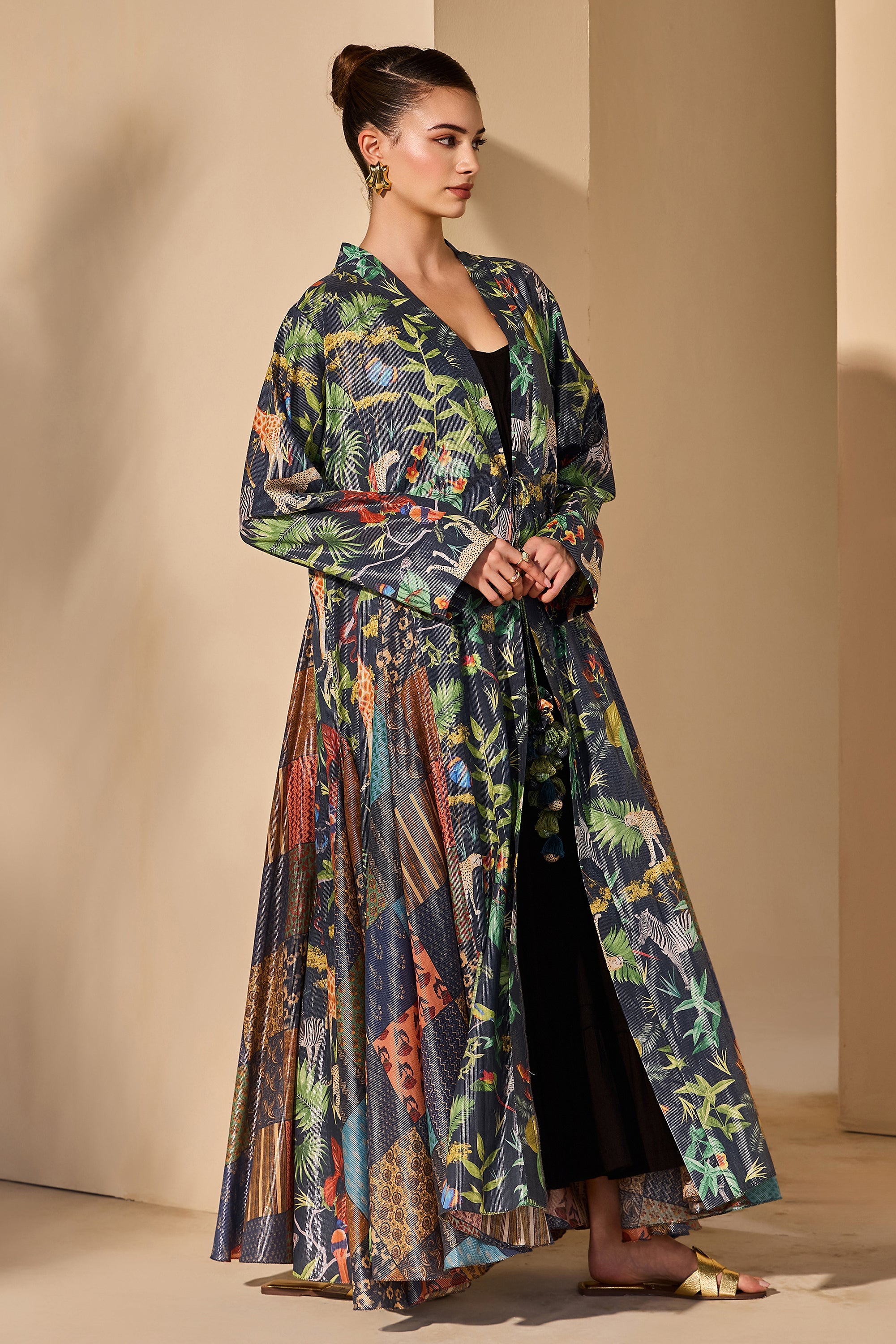 Muneeba Cotton Printed Flared Bisht with Scarf