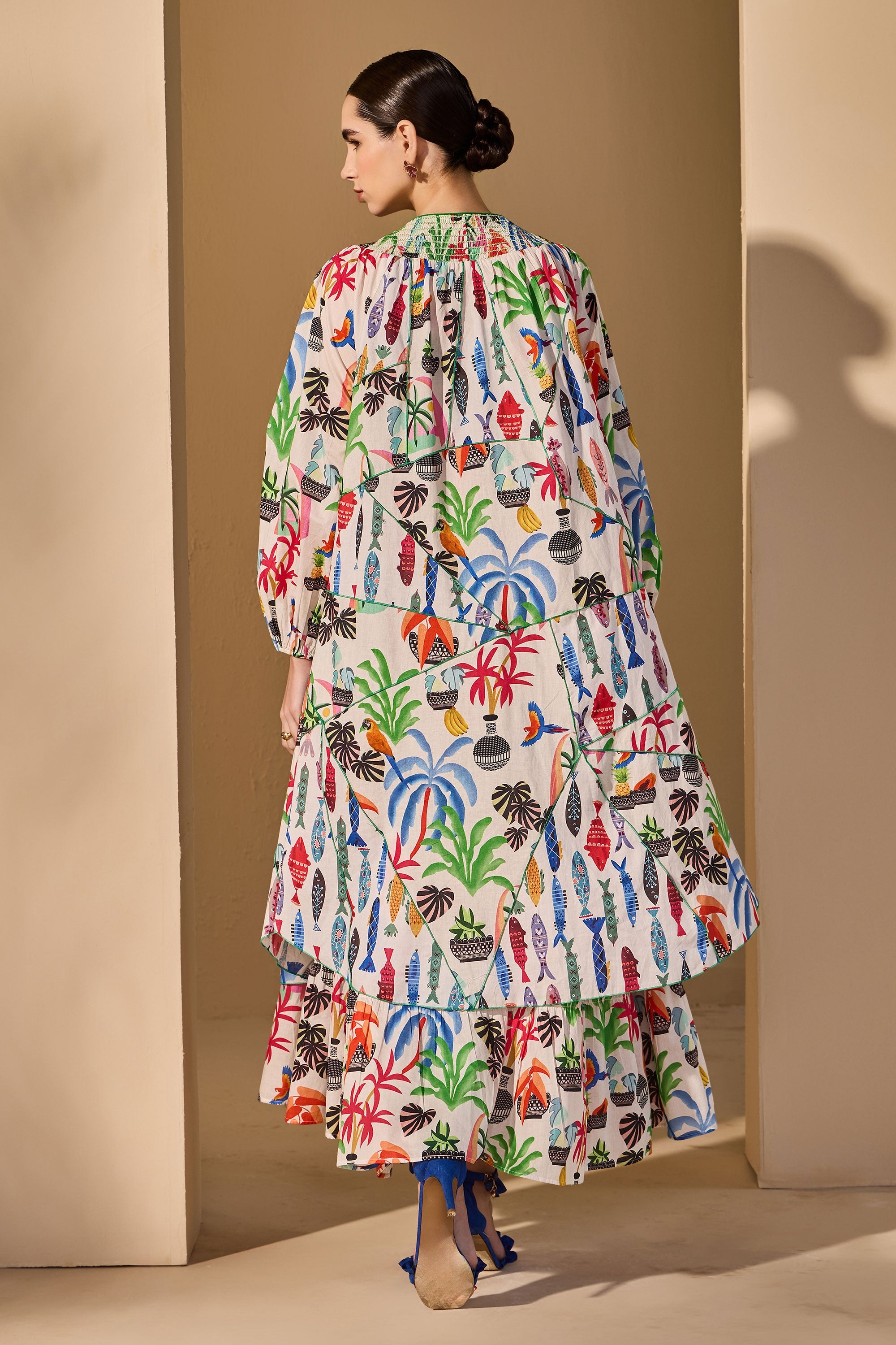 Noura Cotton Printed Cape with Inner Dress