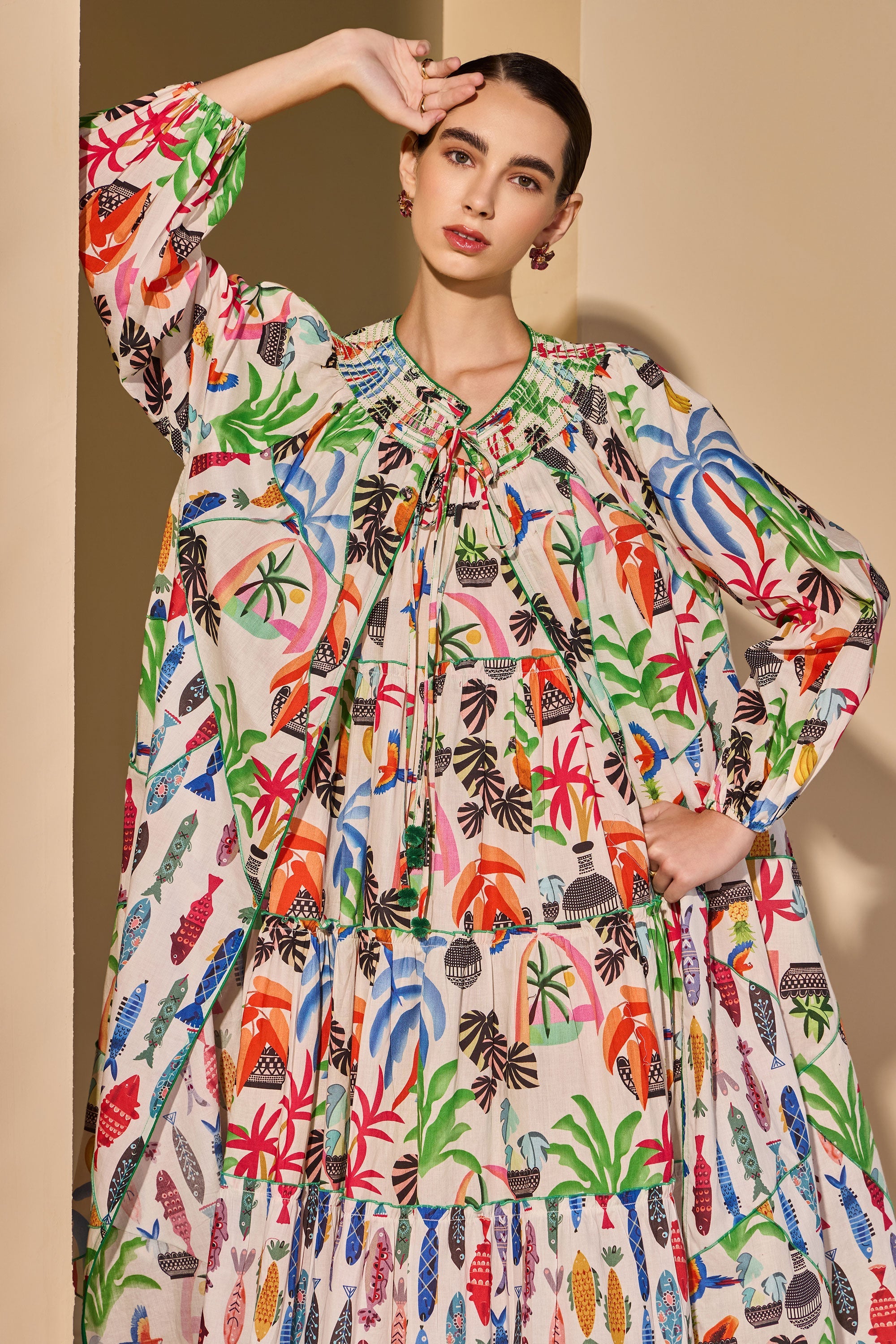 Noura Cotton Printed Cape with Inner Dress