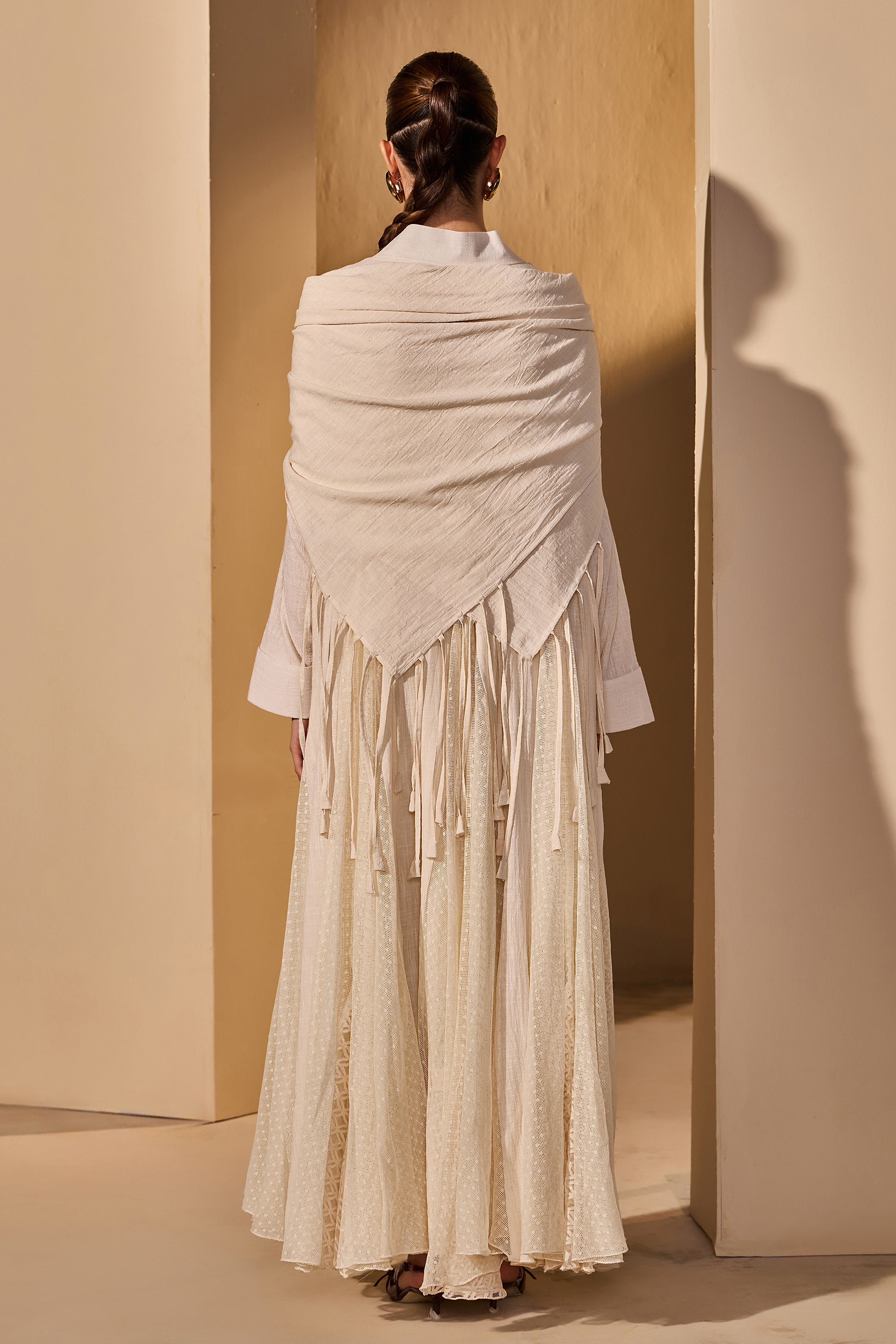 Kausar Cotton Slub Flared Bisht with Scarf
