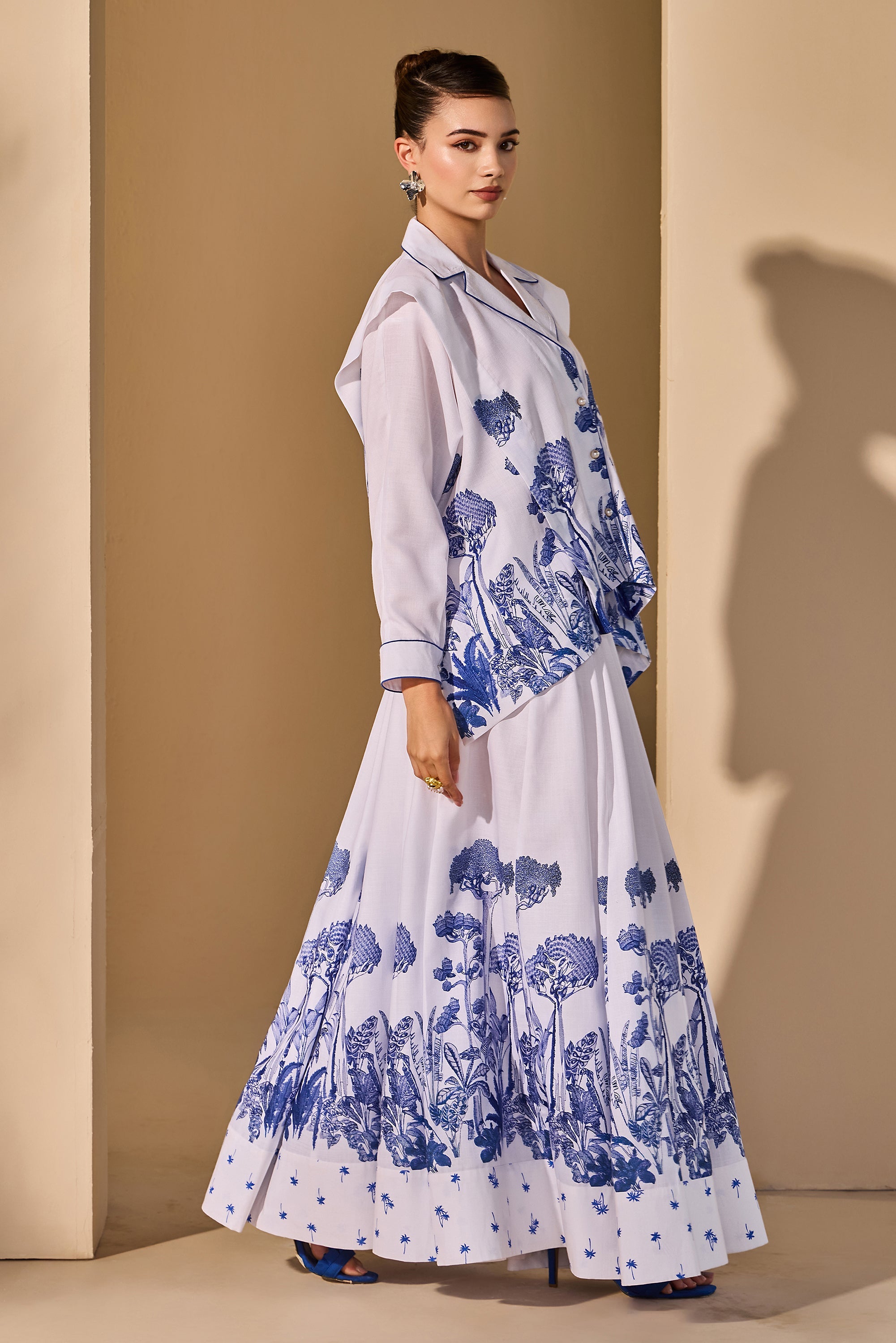 Tehmina Printed Collared Top with Skirt