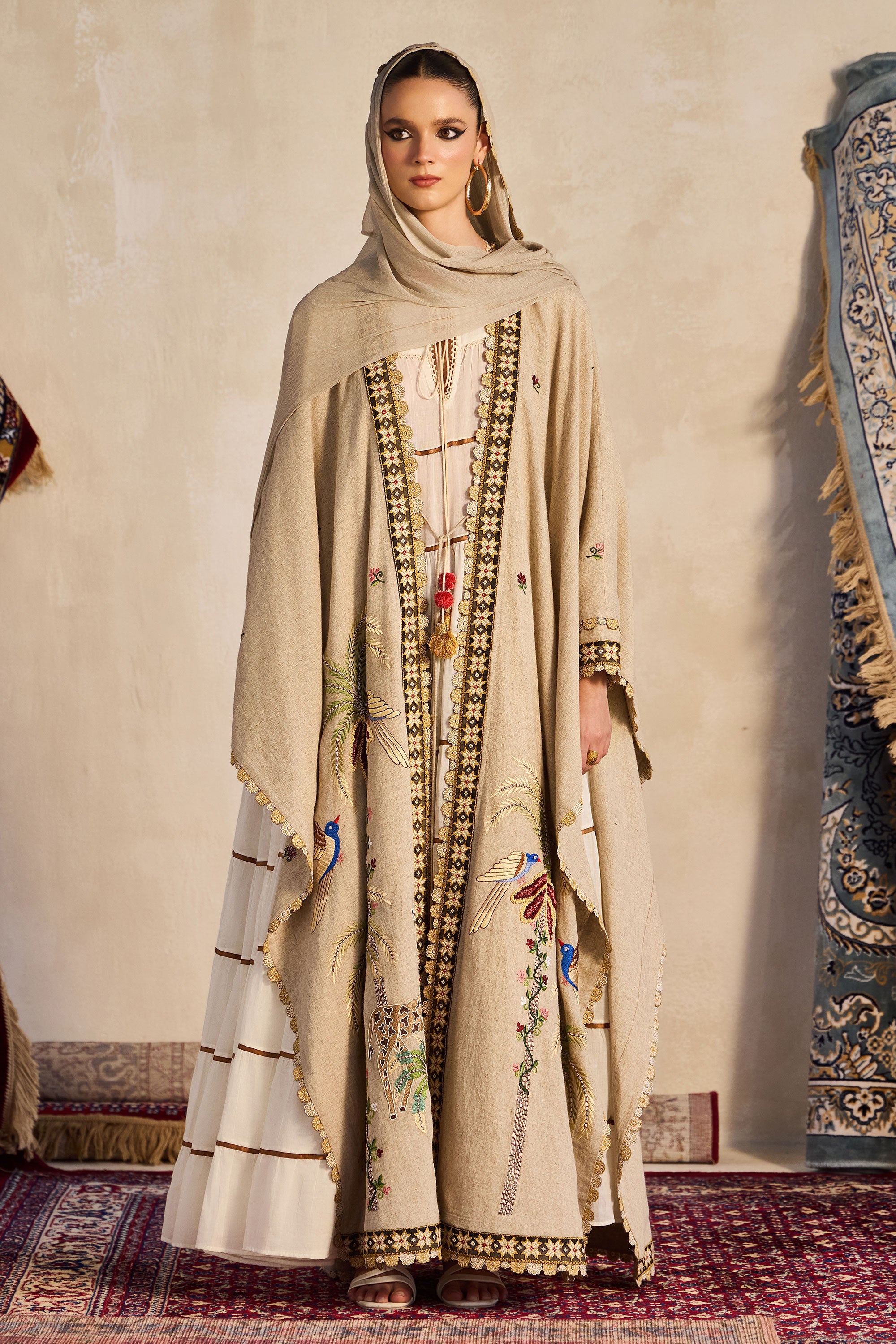 Jazira Embroidered Cape with Tiered Jalabiya