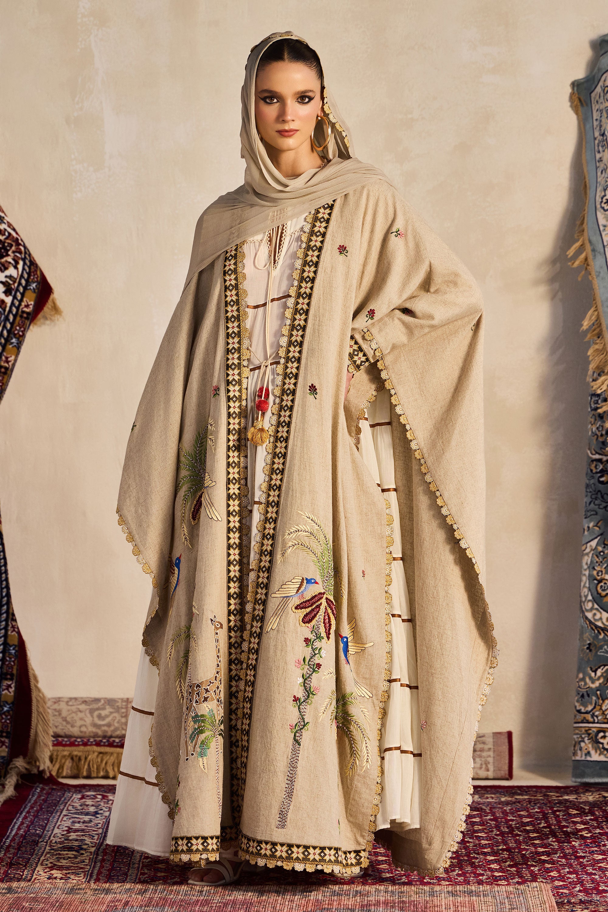 Jazira Embroidered Cape with Tiered Jalabiya