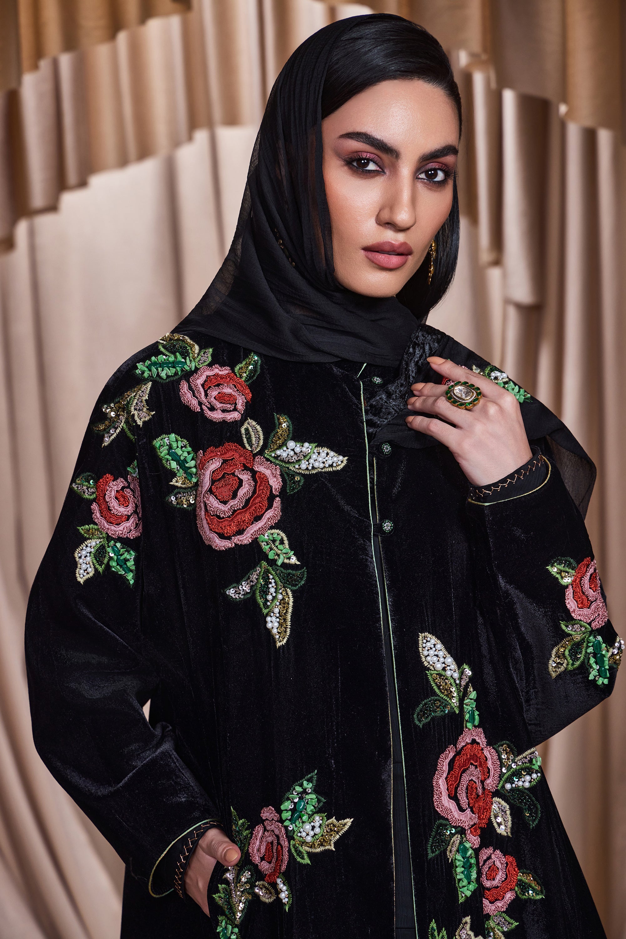 Simra Applique Embroidered Abaya with Embellishment