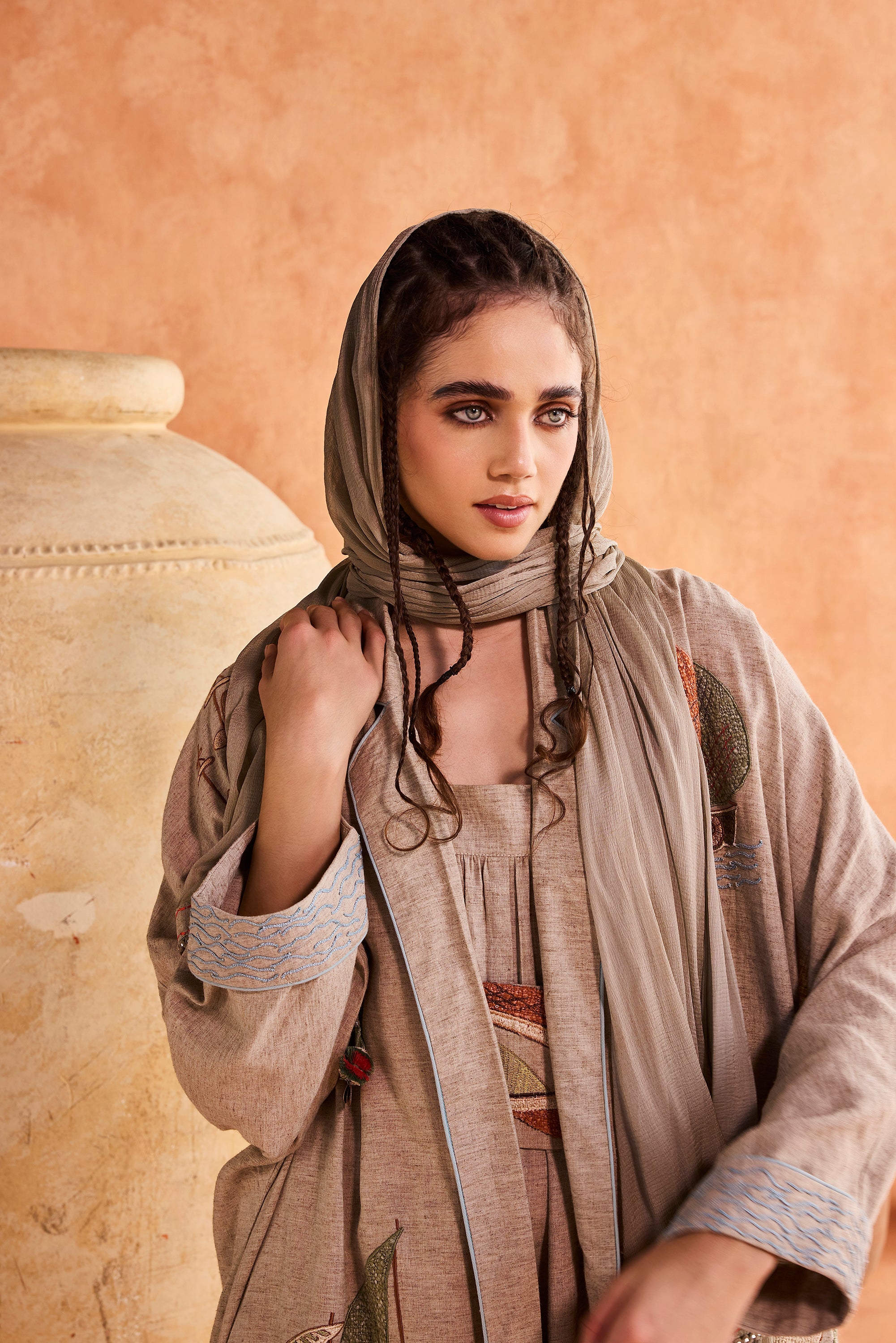 Tharaa Embroidered Abaya with Patch Work