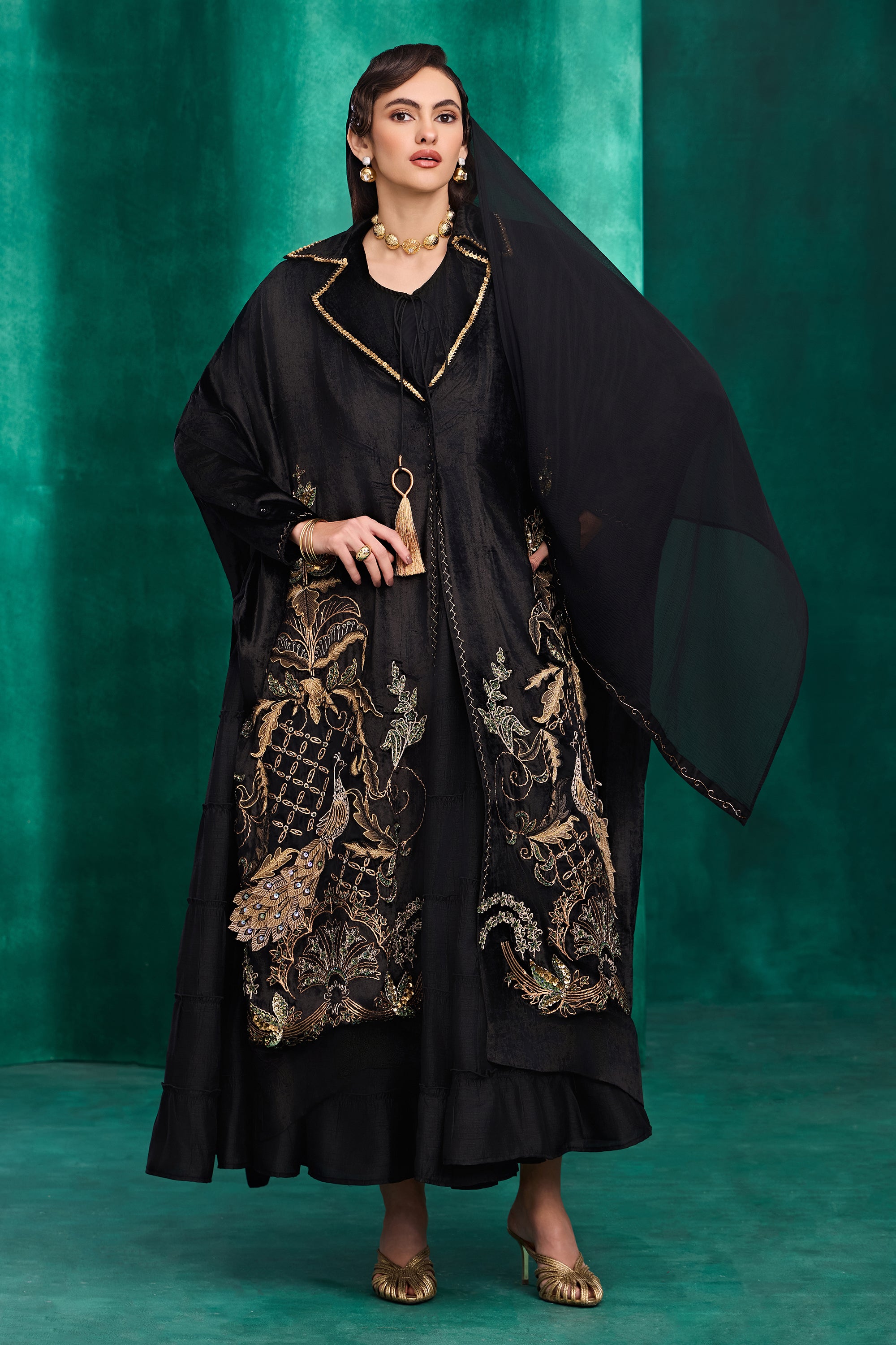 Izdina Embroidered Long Cape with Embellishment