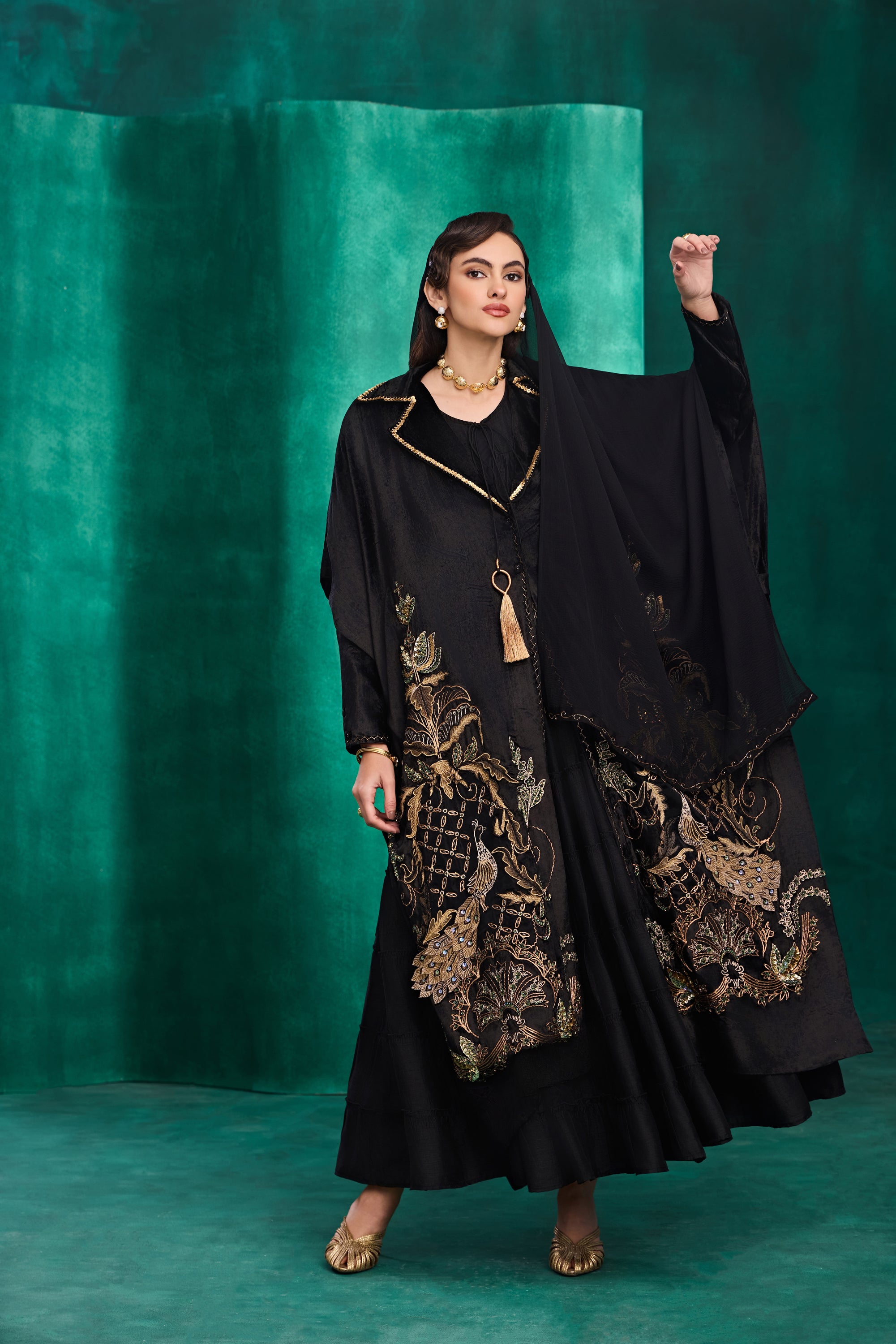Izdina Embroidered Long Cape with Embellishment