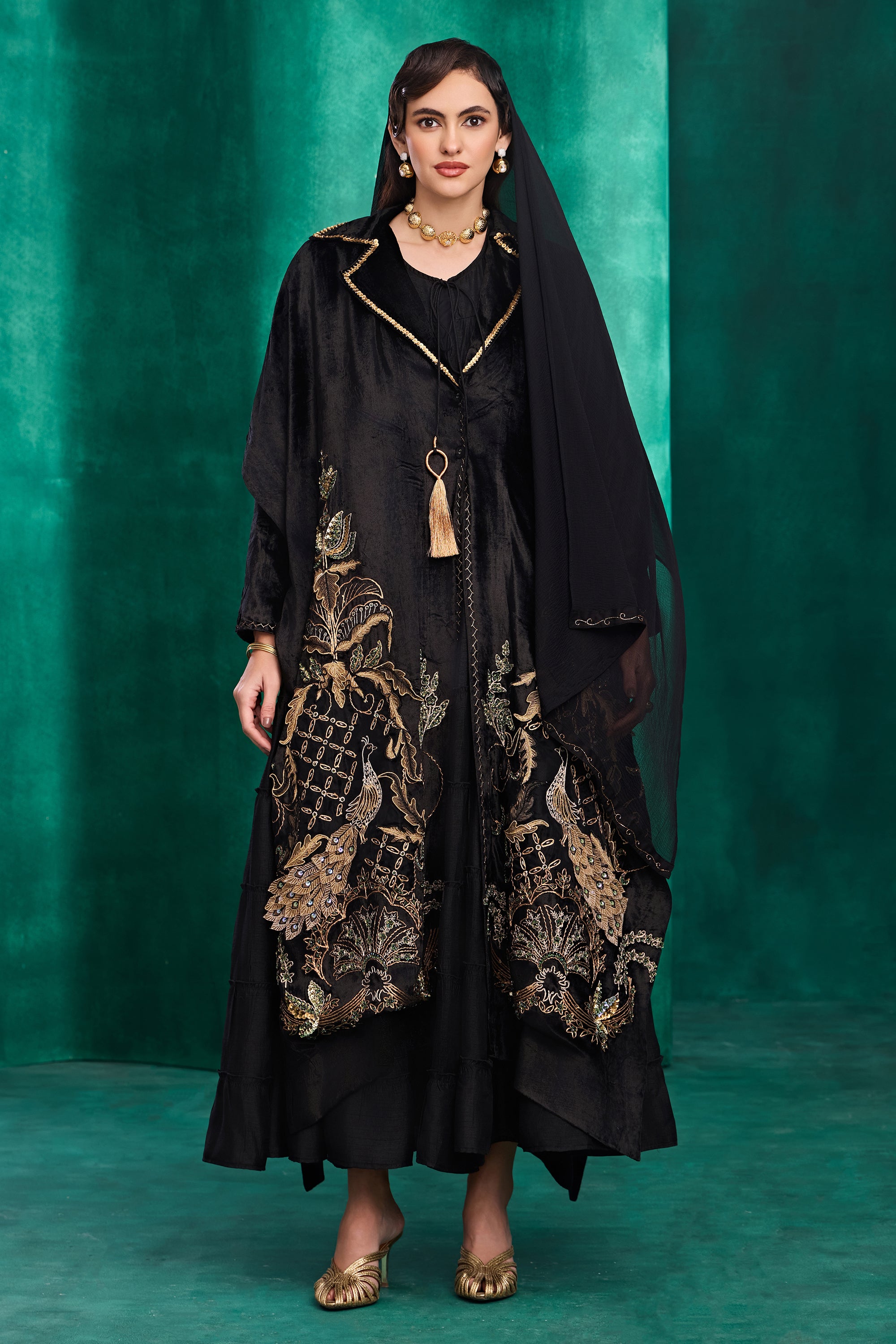 Izdina Embroidered Long Cape with Embellishment