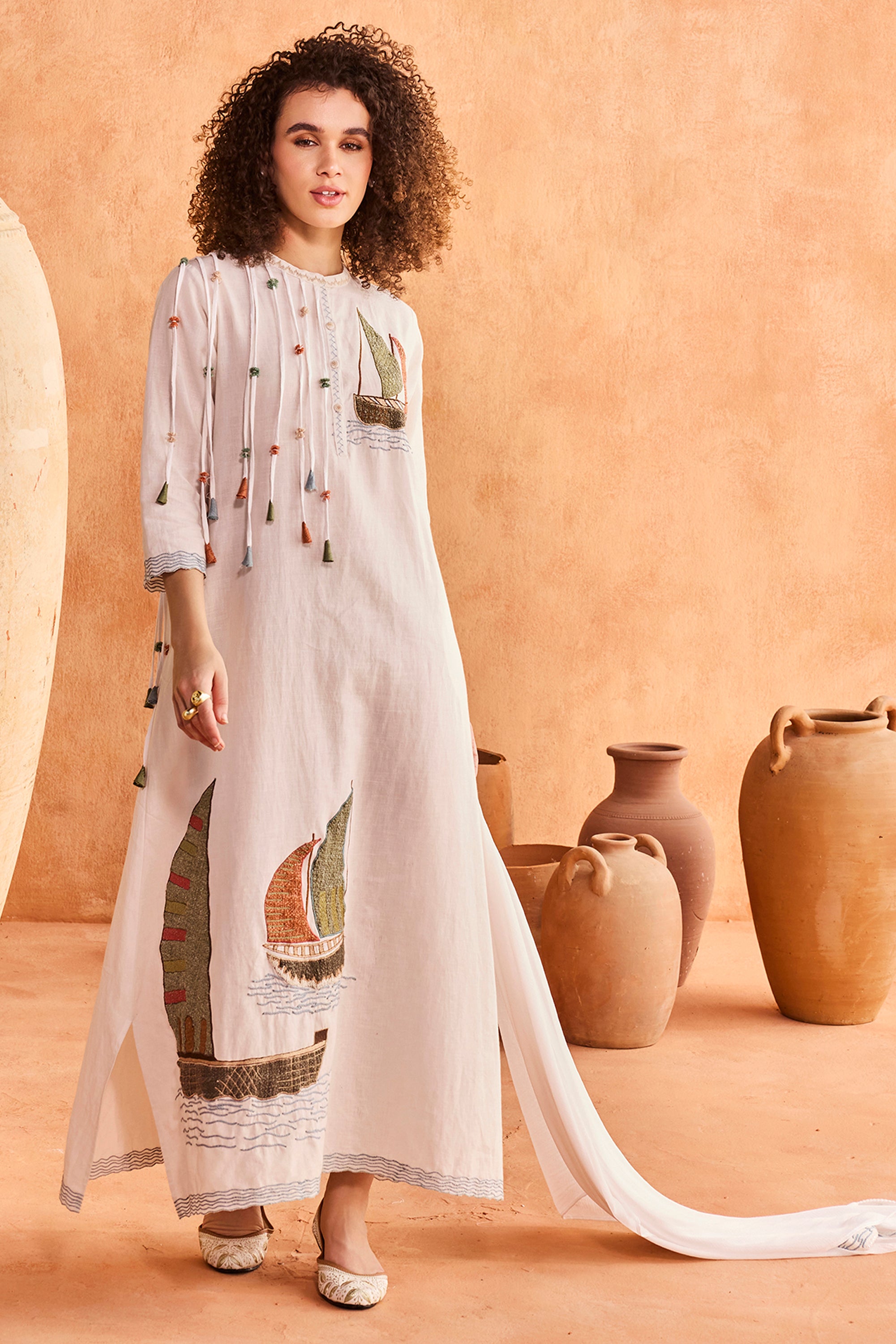 Dhakira Embroidered Jalabiya with Patch Work & Tassels