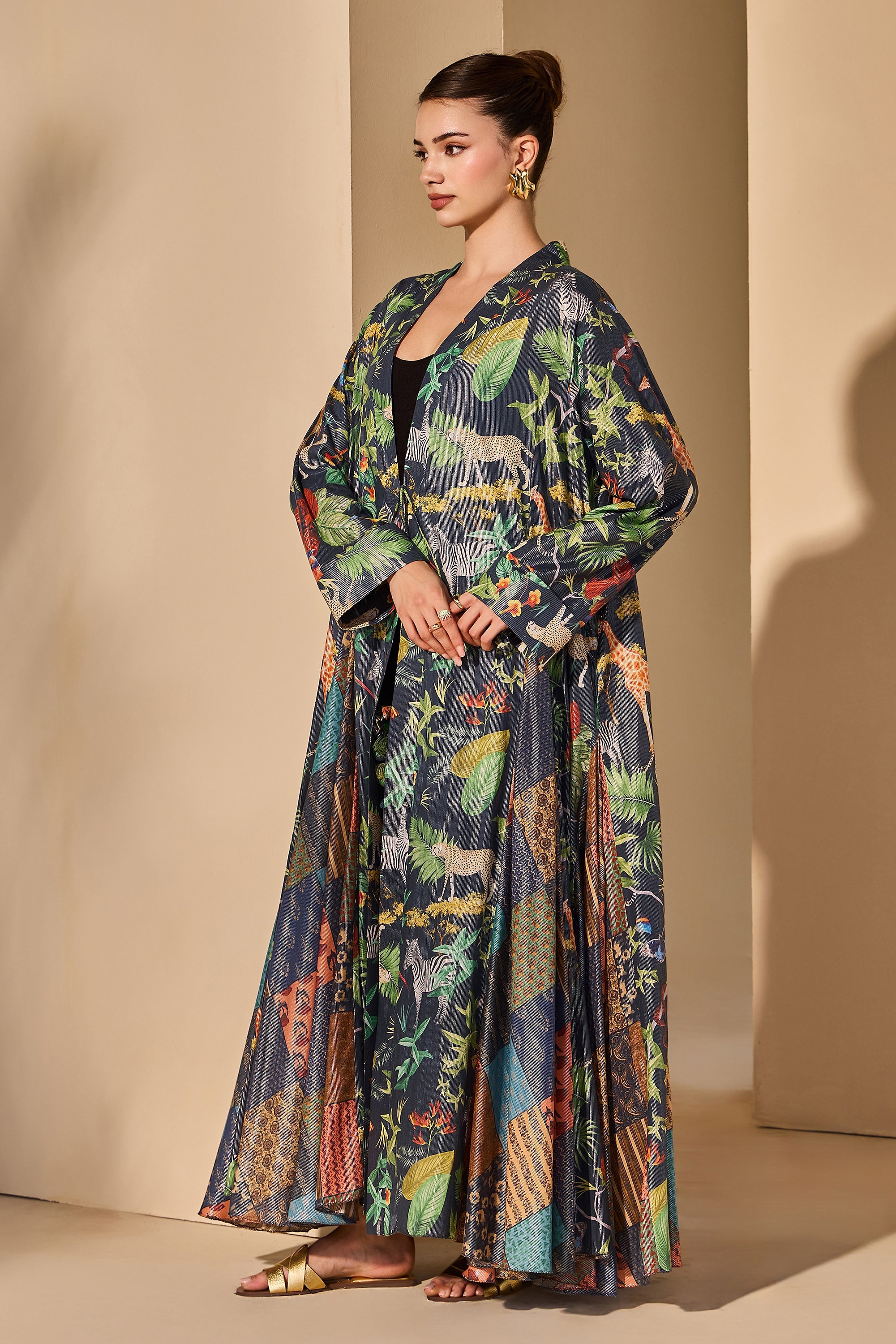 Muneeba Cotton Printed Flared Bisht with Scarf
