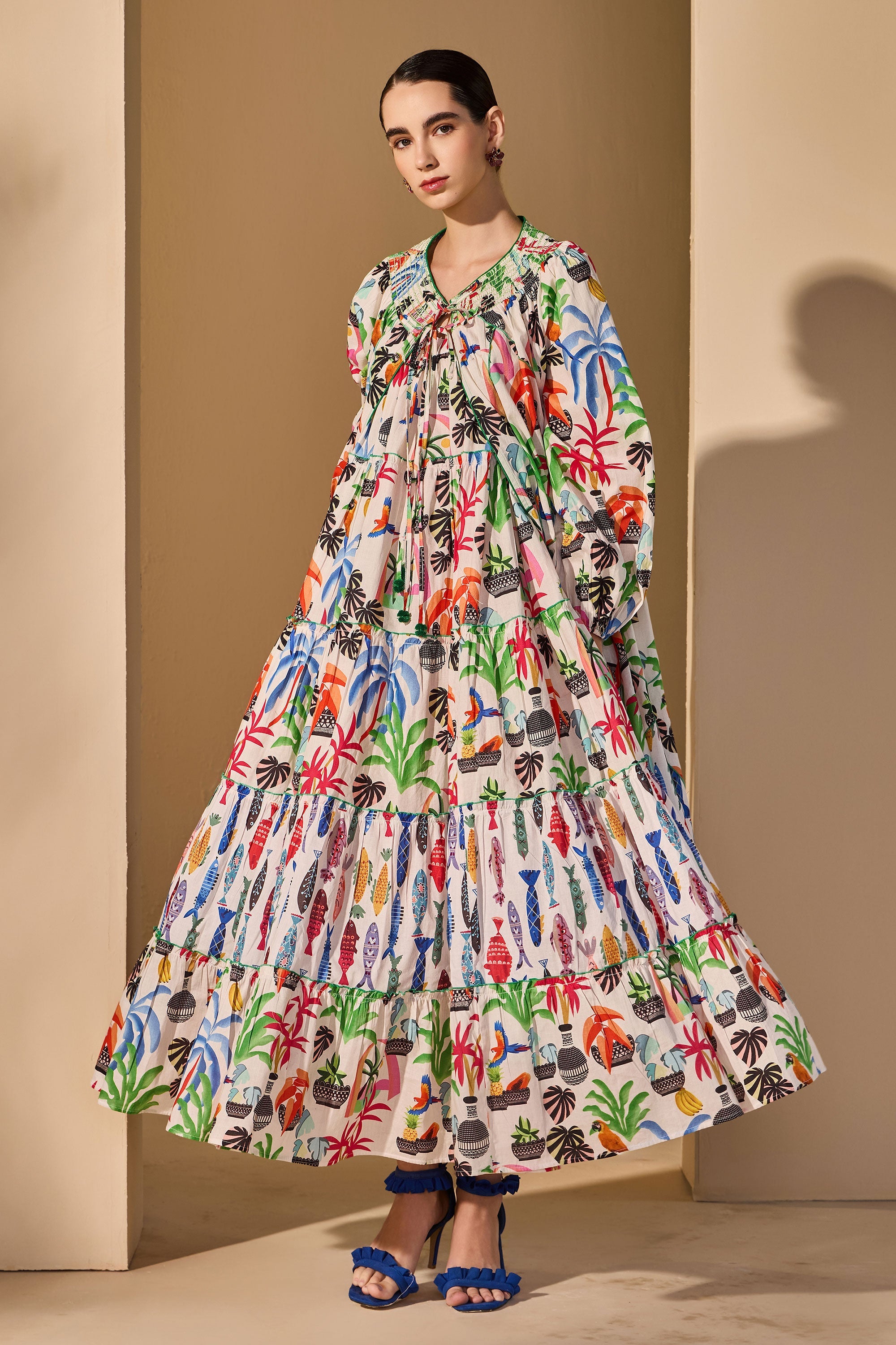 Noura Cotton Printed Cape with Inner Dress