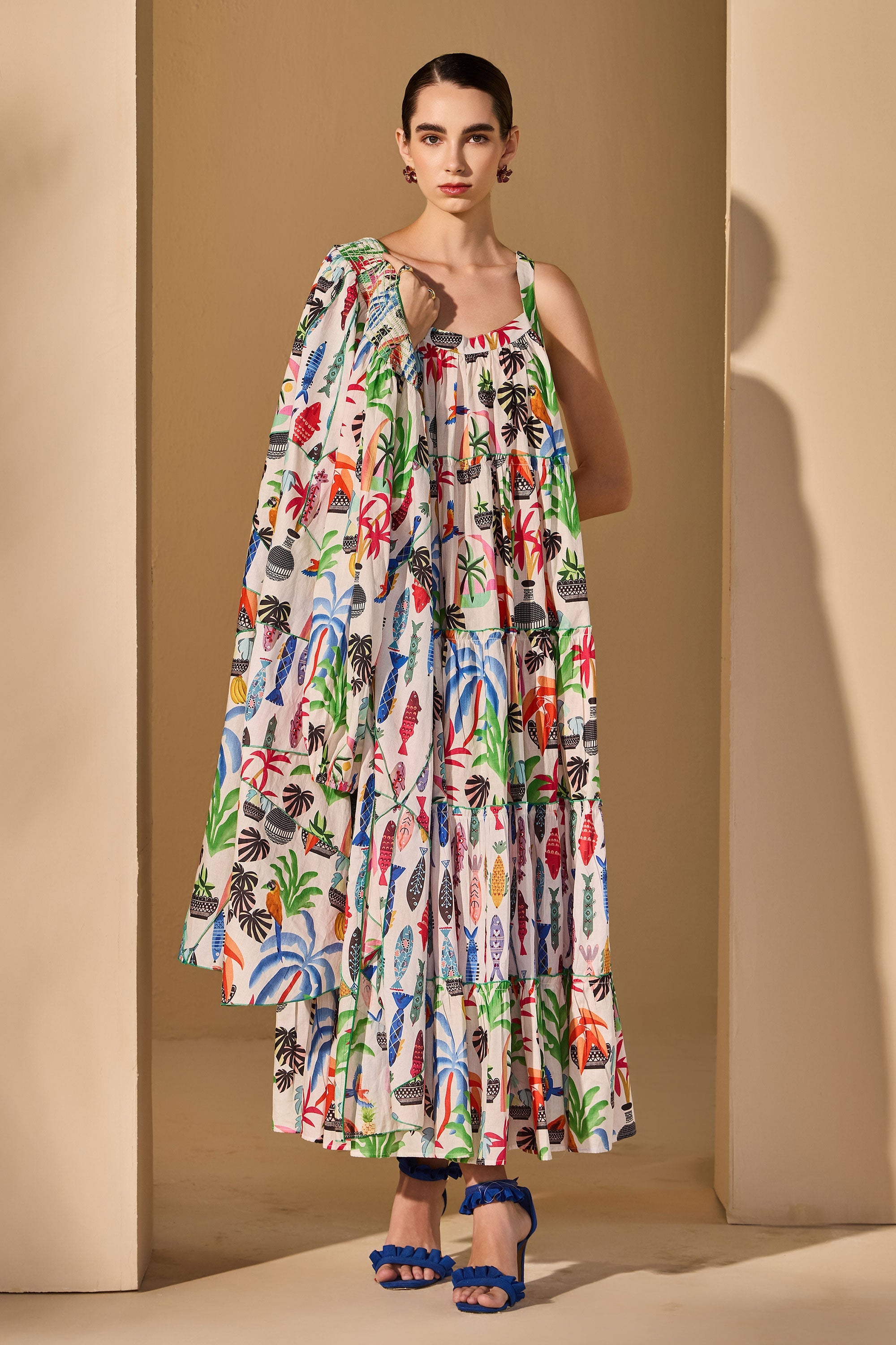 Noura Cotton Printed Cape with Inner Dress