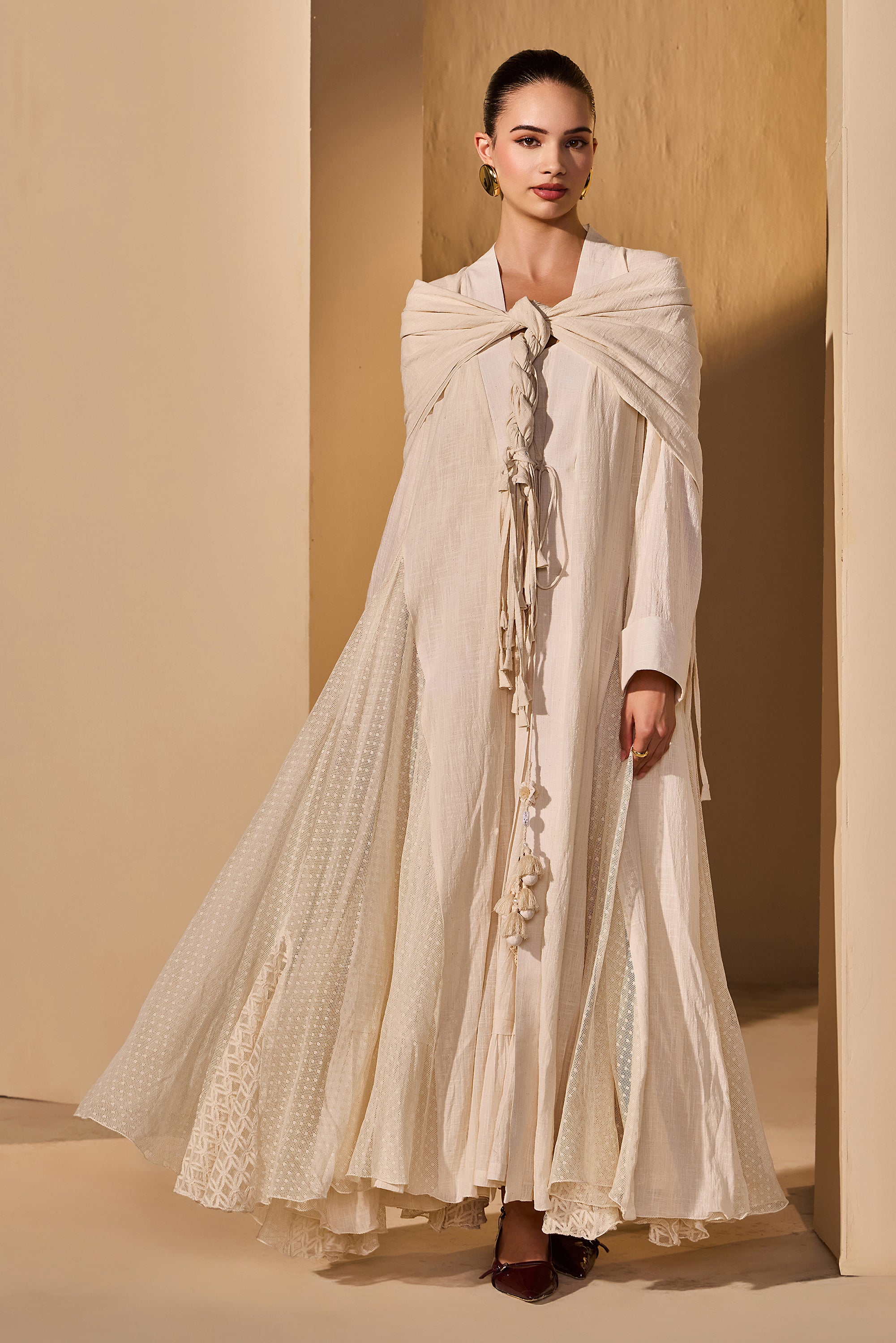 Kausar Cotton Slub Flared Bisht with Scarf