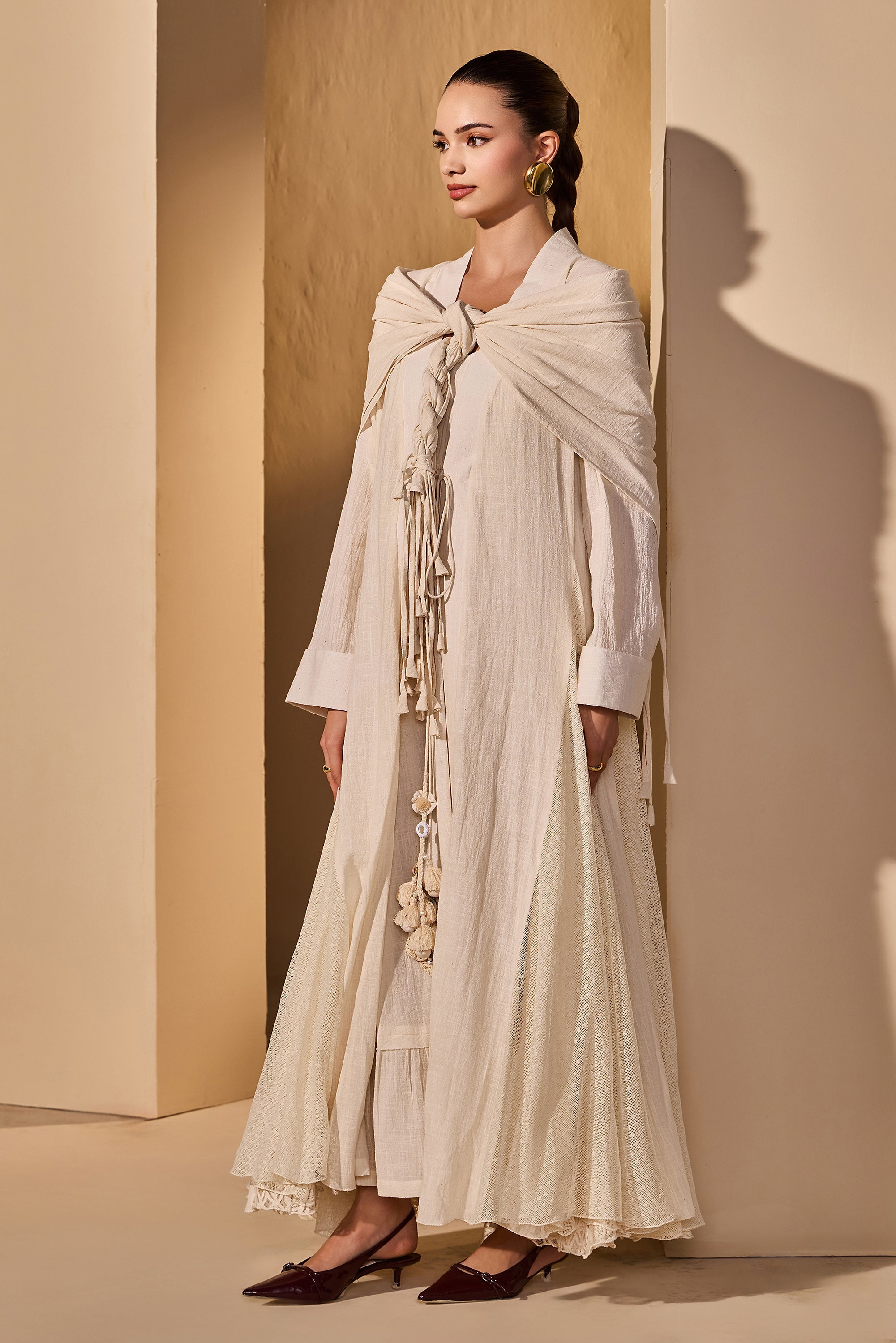 Kausar Cotton Slub Flared Bisht with Scarf