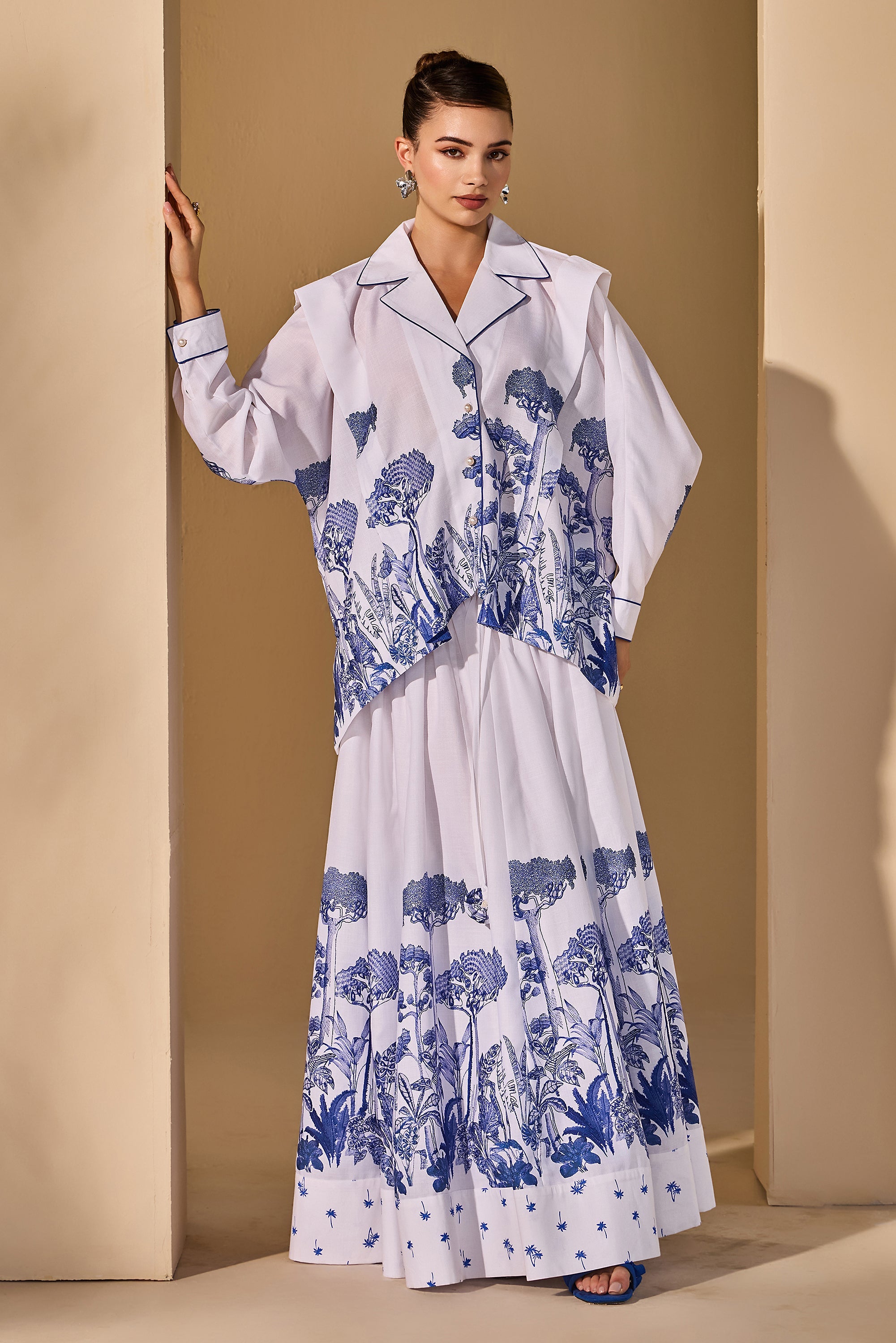 Tehmina Printed Collared Top with Skirt