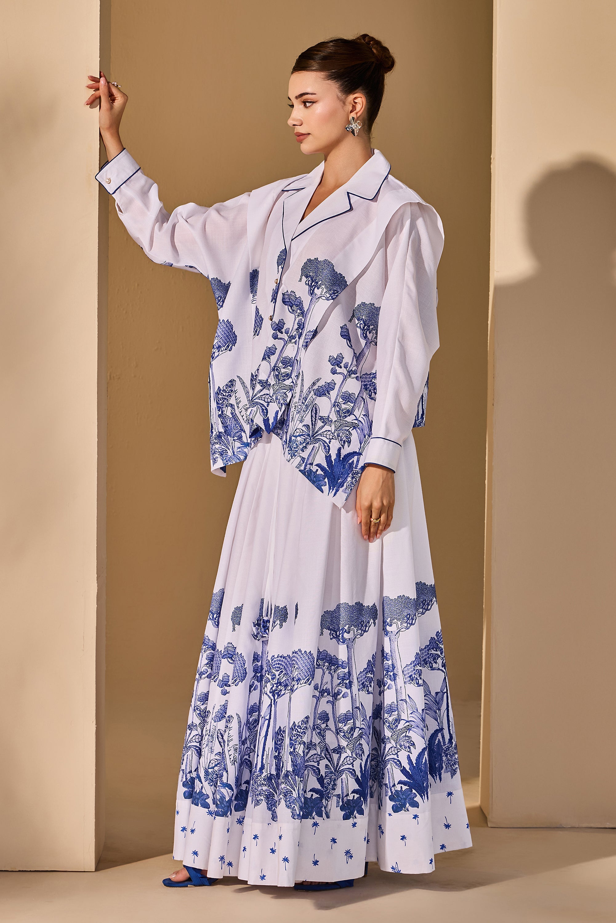 Tehmina Printed Collared Top with Skirt