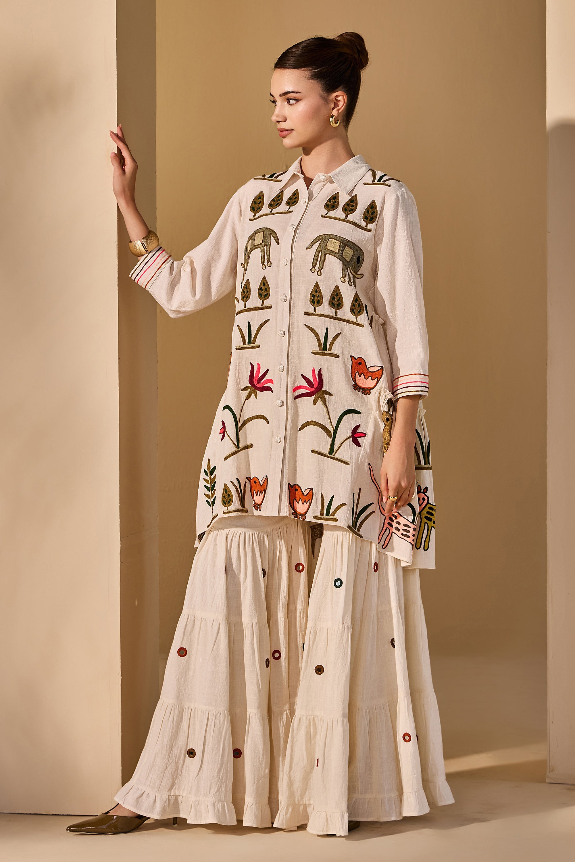 Ameirah Cotton Slub Embroidered Top with Flared Bottoms