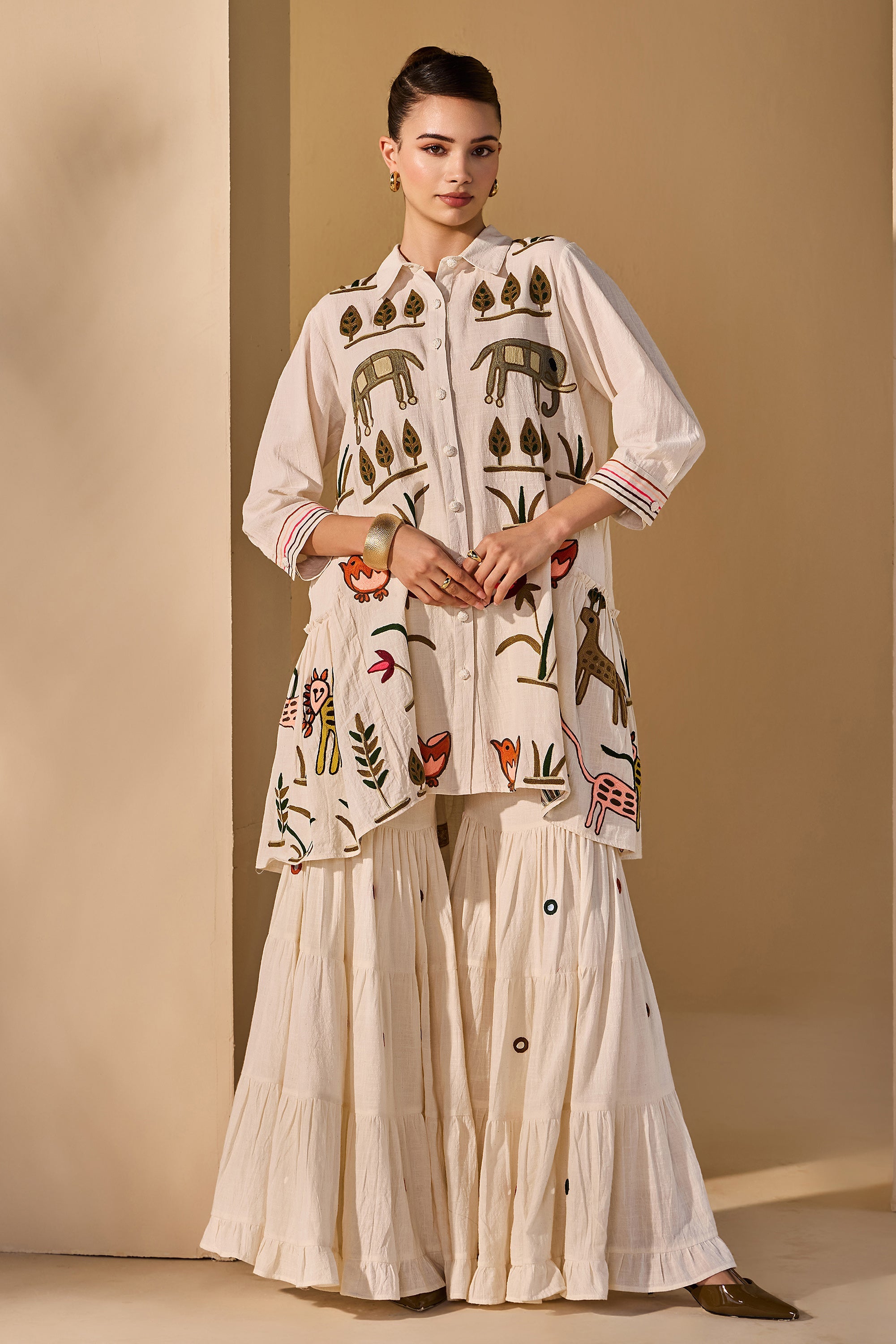 Ameirah Cotton Slub Embroidered Top with Flared Bottoms