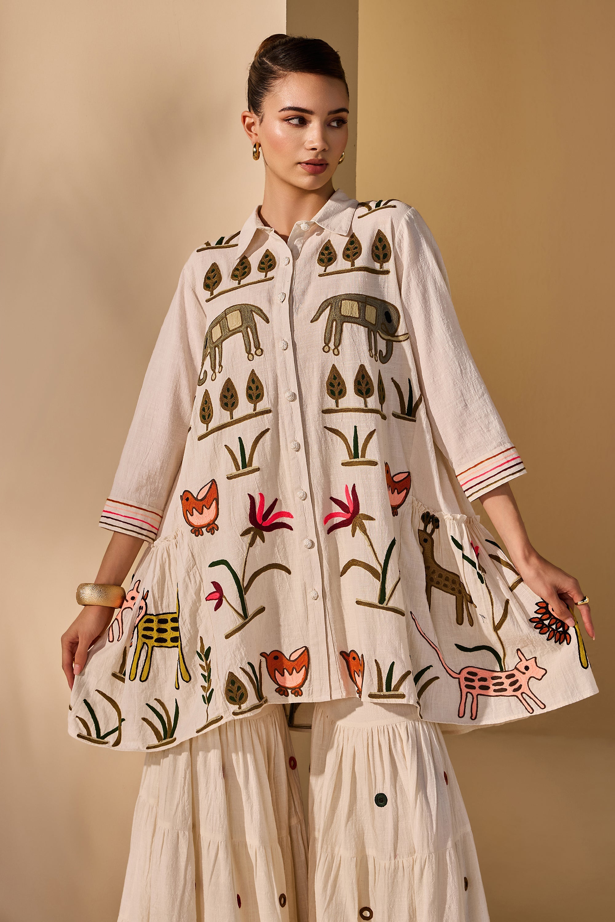 Ameirah Cotton Slub Embroidered Top with Flared Bottoms