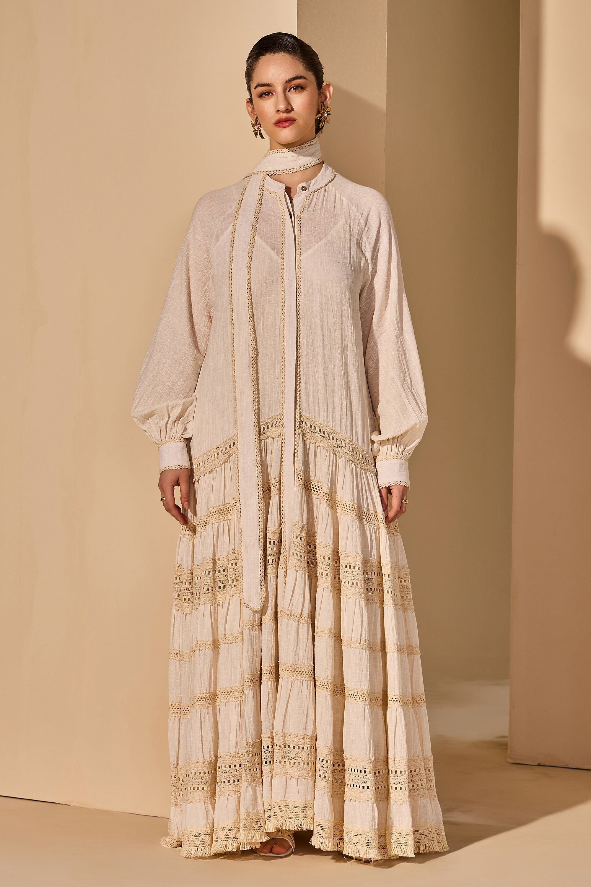 Rashida Cotton Slub Tiered Jalabiya with Belt