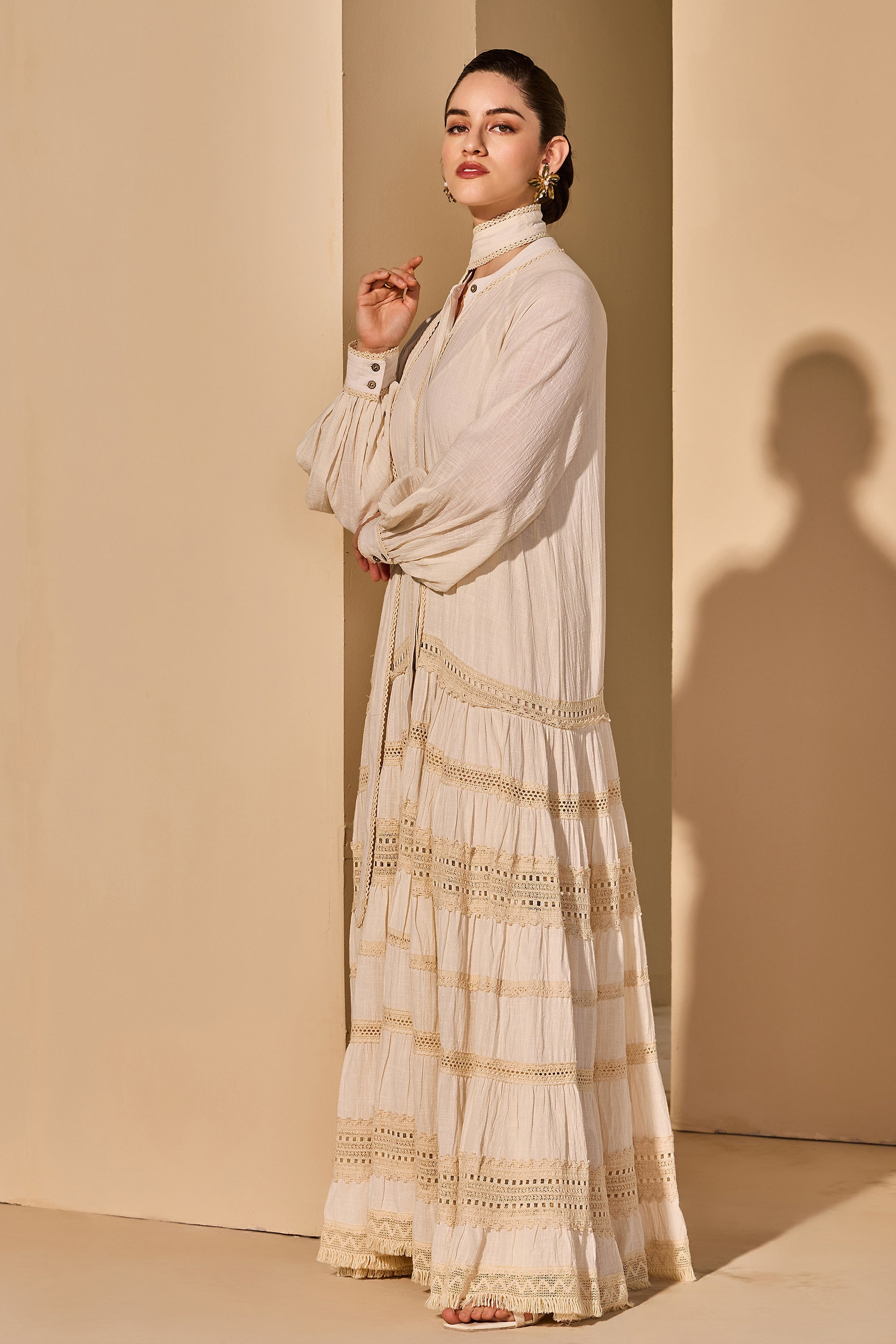 Rashida Cotton Slub Tiered Jalabiya with Belt